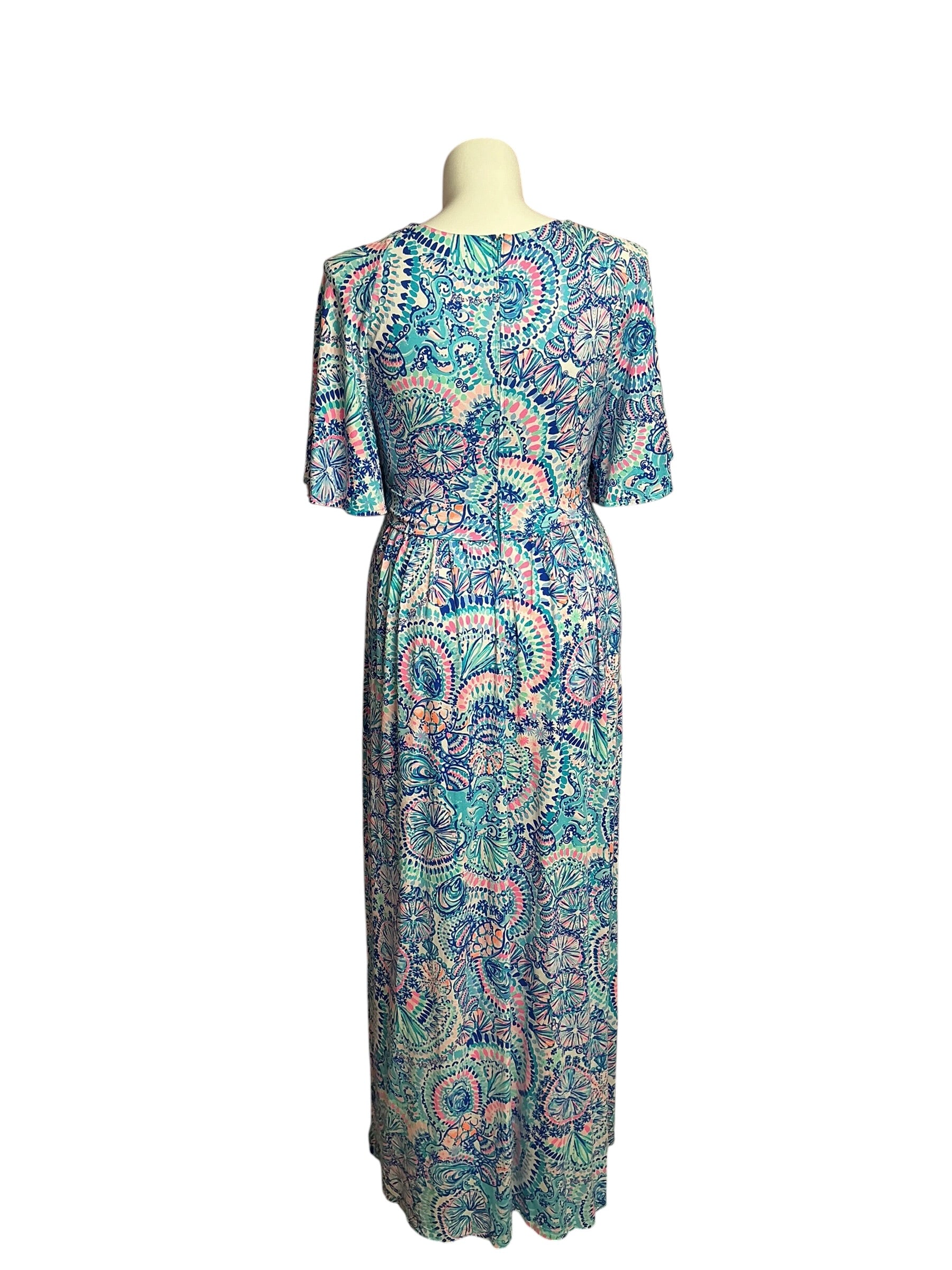 Lilly Pulitzer- Minka Sleeved Maxi Dress Blue Grotto Commotion In The Ocean Size 12