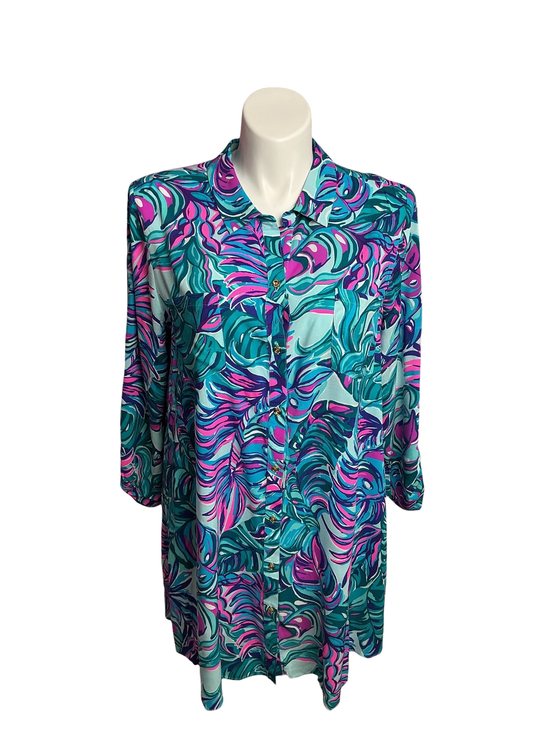 Lilly Pulitzer- Natalie Shirt Dress Cover-Up Seasalt Blue Don’t Wanna Leaf Size XL