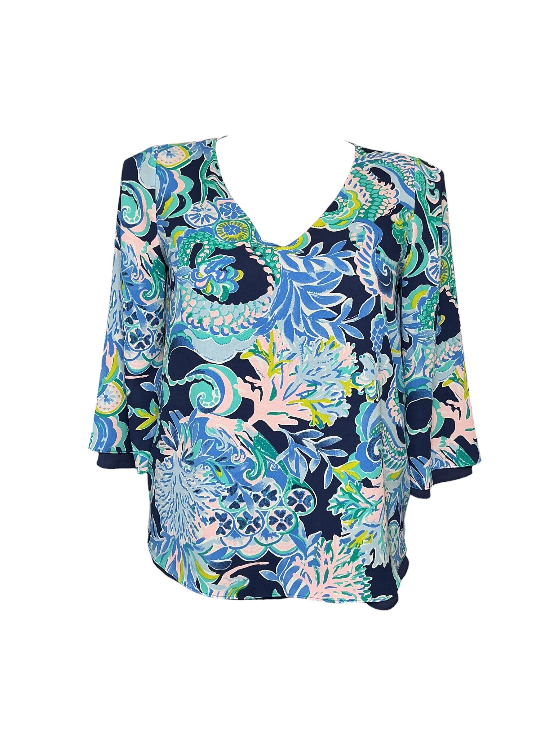 Lilly Pulitzer Florin 3/4 Sleeve V-Neck - Bright Navy Sirens And Spirits - Size XL