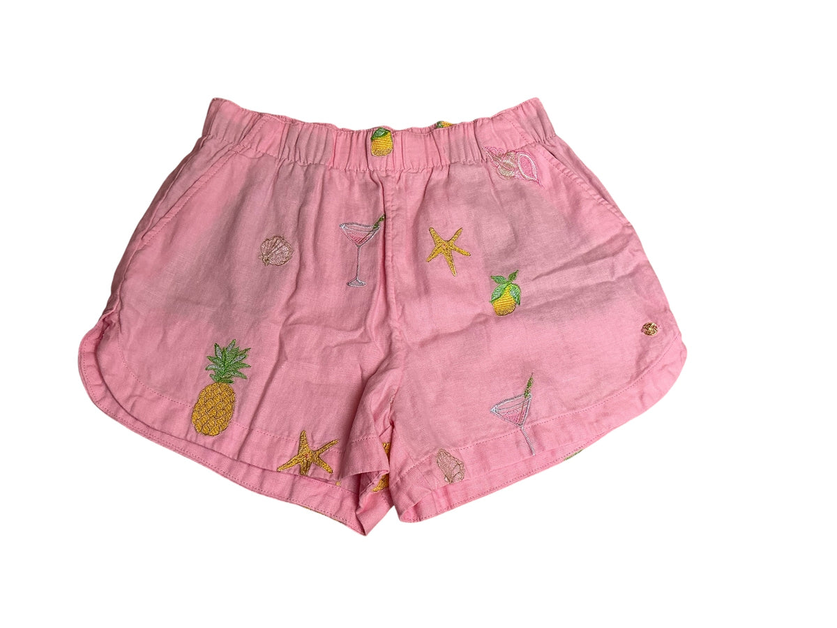 Lilly Pulitzer 3" Elodey Linen Shorts Conch Shell Pink Happy Hour Embroidery - Size S