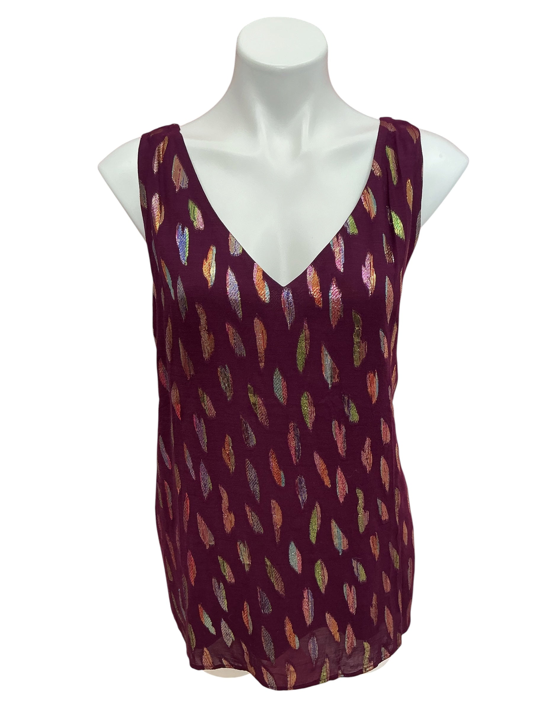 Lilly Pulitzer Florin Sleeveless V Neck Tank Top Cherry Ganache Floating Feathers - Size XL