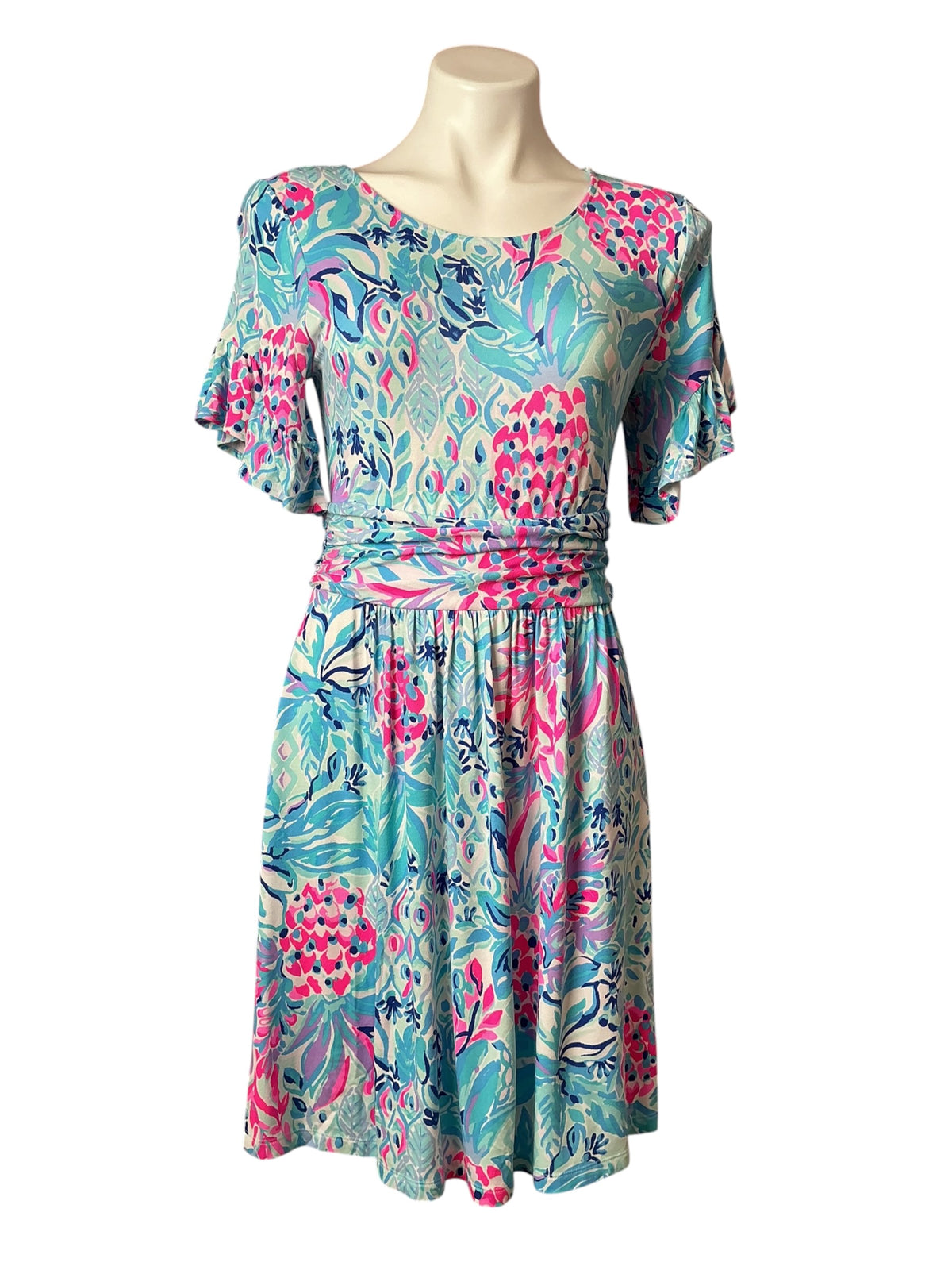 Lilly Pulitzer Riegan Print Knit Dress Zanzibar Blue Party Princess - Size M