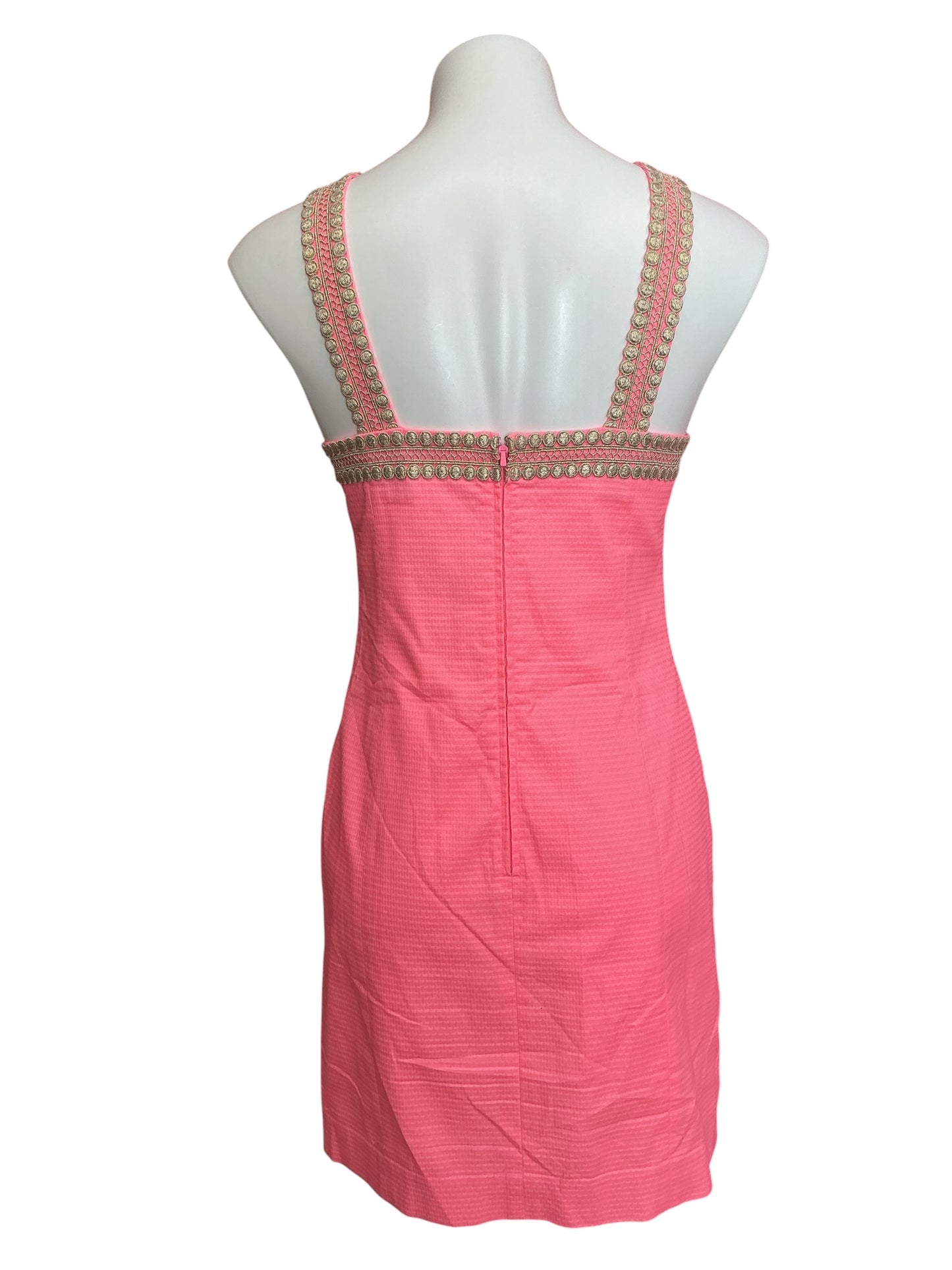Lilly Pulitzer Vena Stretch Shift Dress Capri Coral Gold Lilly Lace Trim - Size 4
