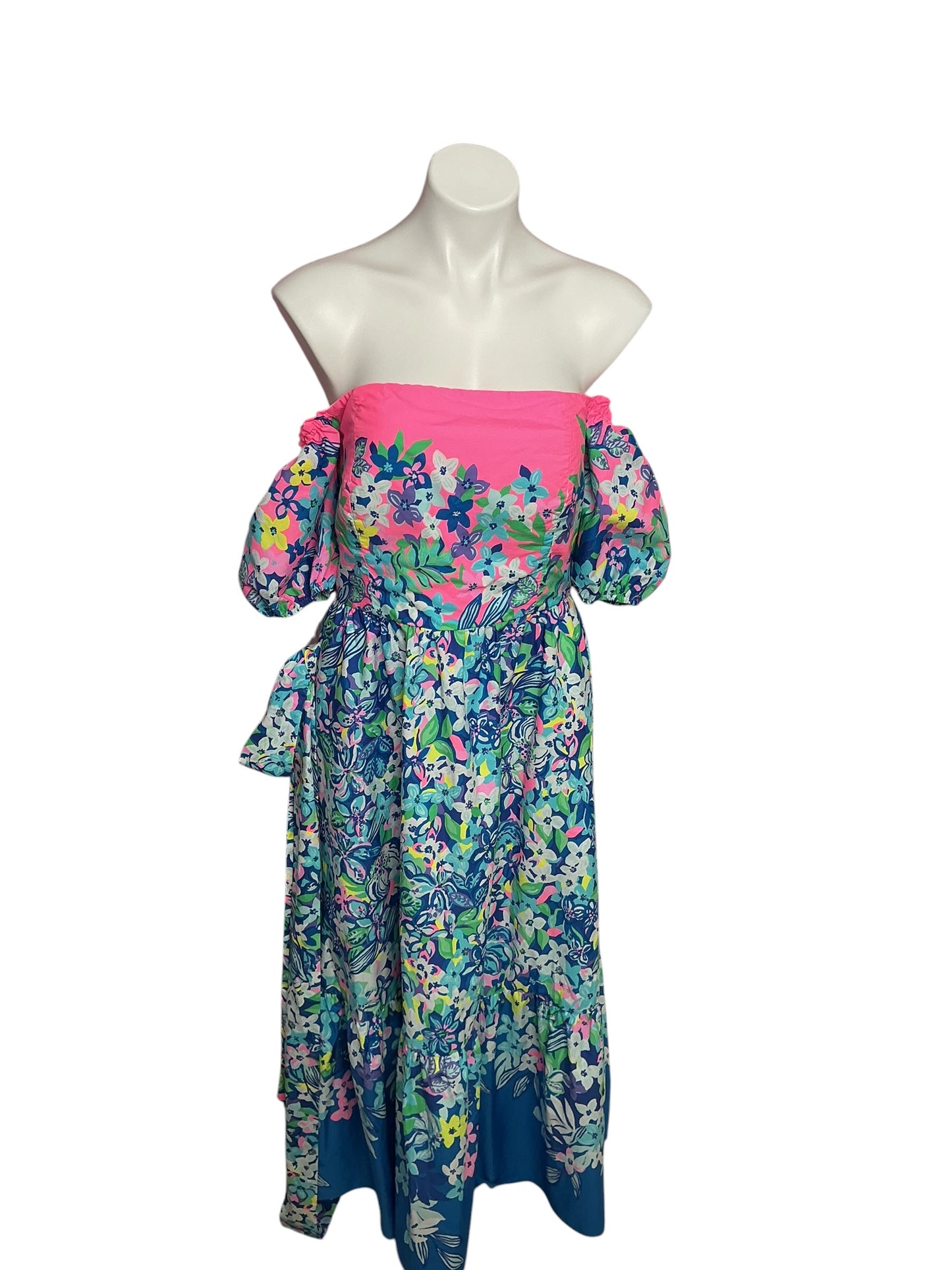Lilly Pulitzer Zalie Off-The-Shoulder Midi Dress Borealis Blue Social Sunset - Size 10