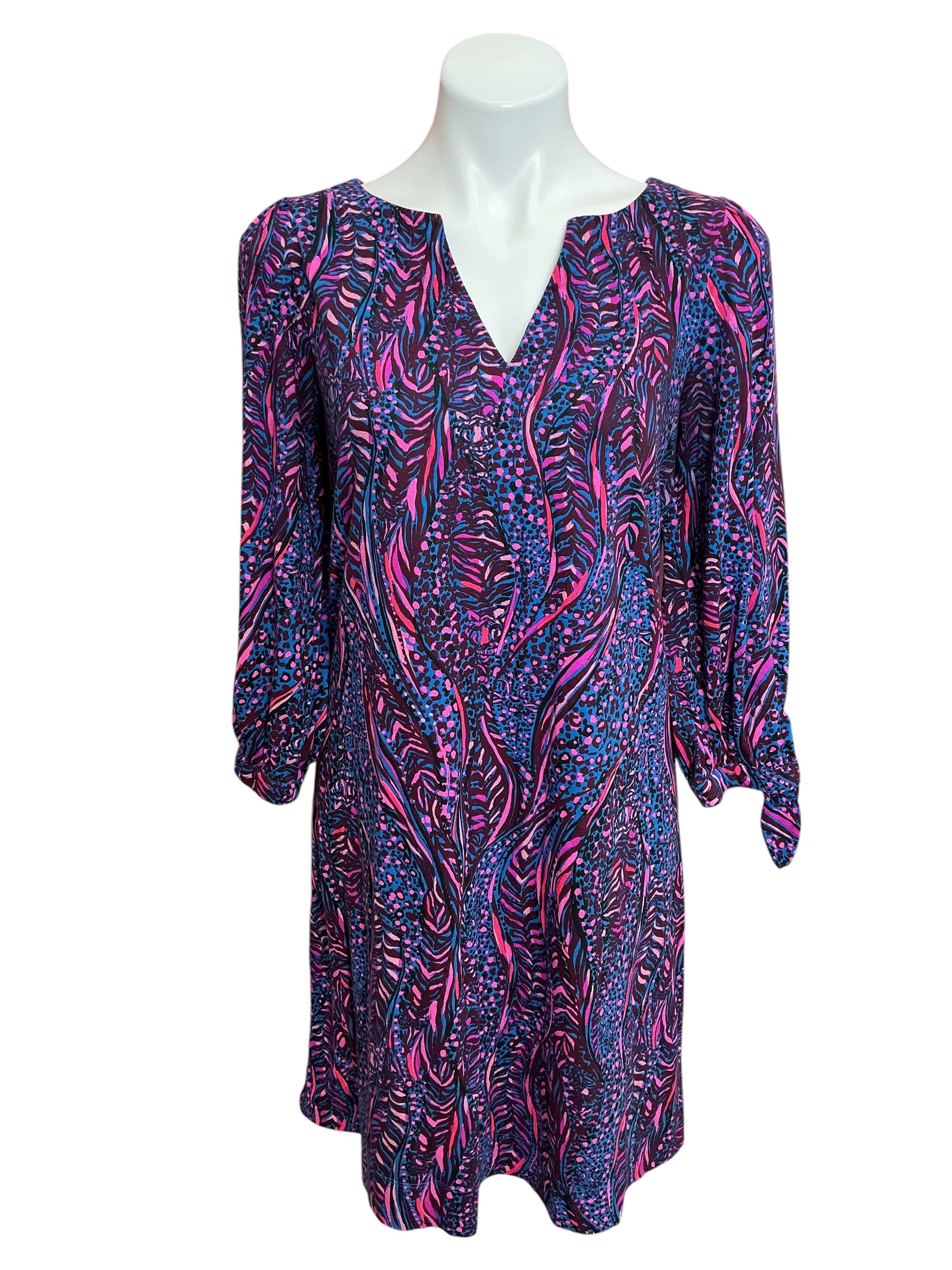 Lilly Pulitzer Cath 3/4 Sleeve Dress Blue Flare Always Pawsitive - Size M
