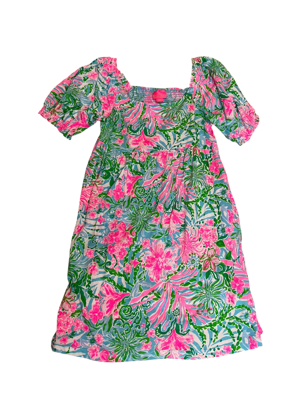Lilly Pulitzer Girls Mini Delaney Dress Amalfi Blue Leaf It Wild - Size L(8-10)