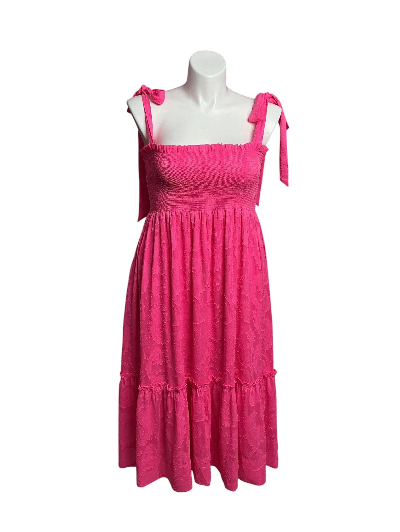 Lilly Pulitzer- Rivera Smocked Midi Dress  Cockatoo Pink Tangerine Dream Size L