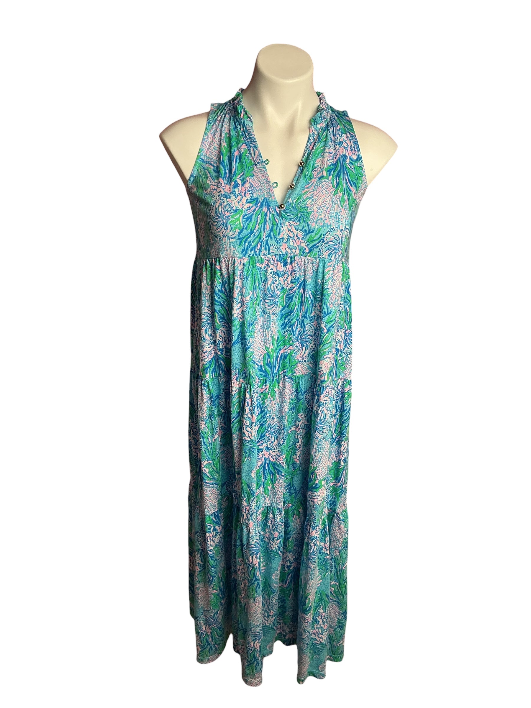 Lilly Pulitzer- Mini Malone Maxi Dress Las Olas Aqua Strong Current Sea Size XL(12-14)