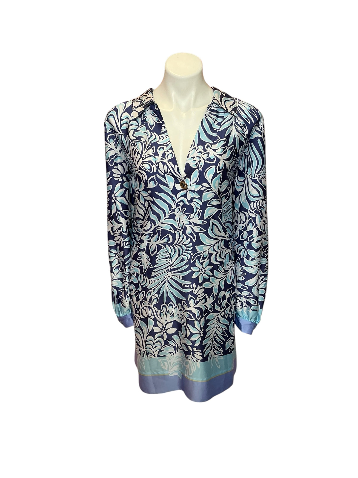 Lilly Pulitzer Iralanne Long Sleeve Popover Shirtdress Sapphire Pool Summer Shorelines Engineered Woven - Size 16