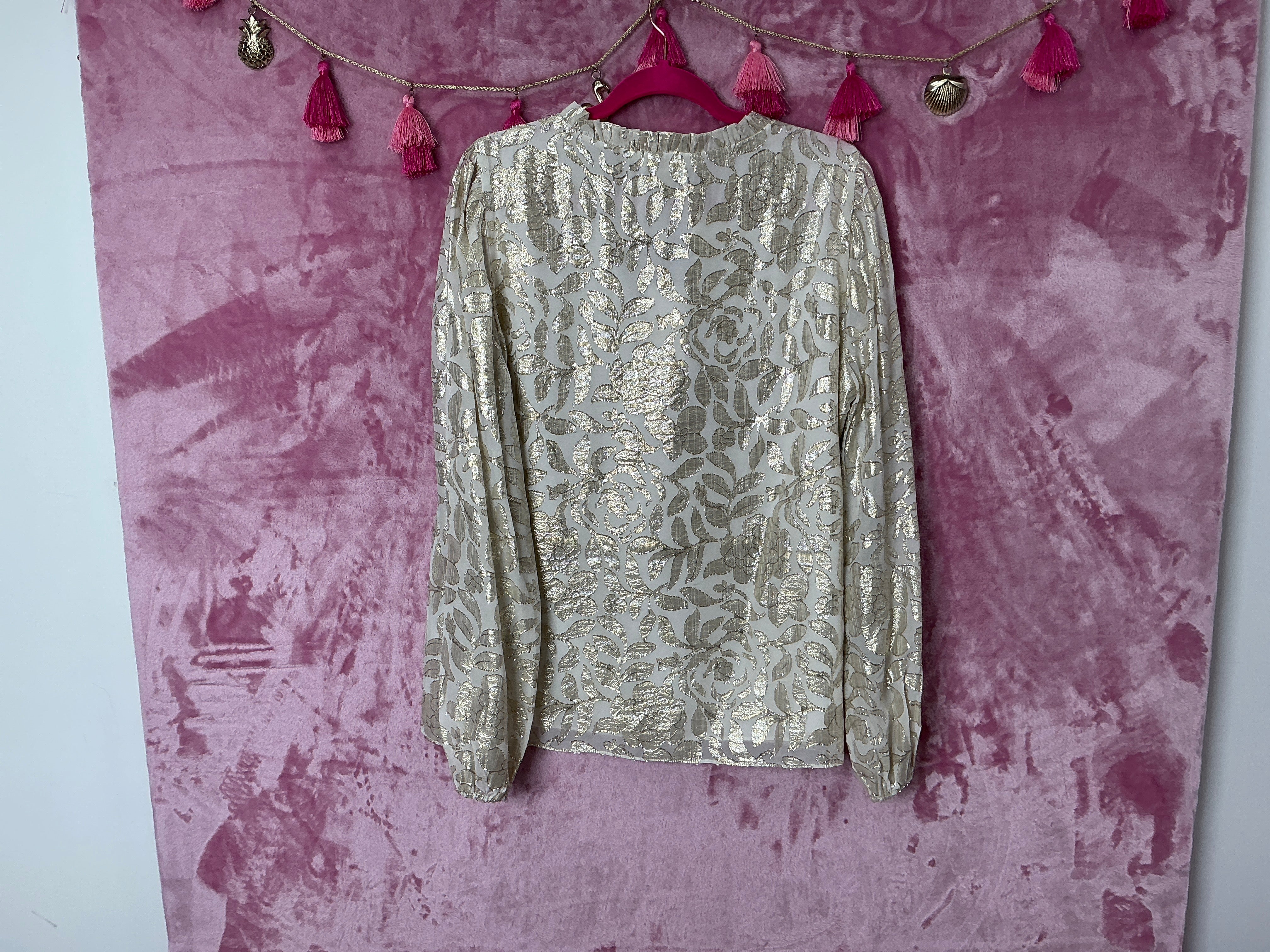 Lilly Pulitzer Long Sleeve Top NWT - Giana Long Sleeve Silk Top - Coconut - Floral Bloom Silk Clip - Size L