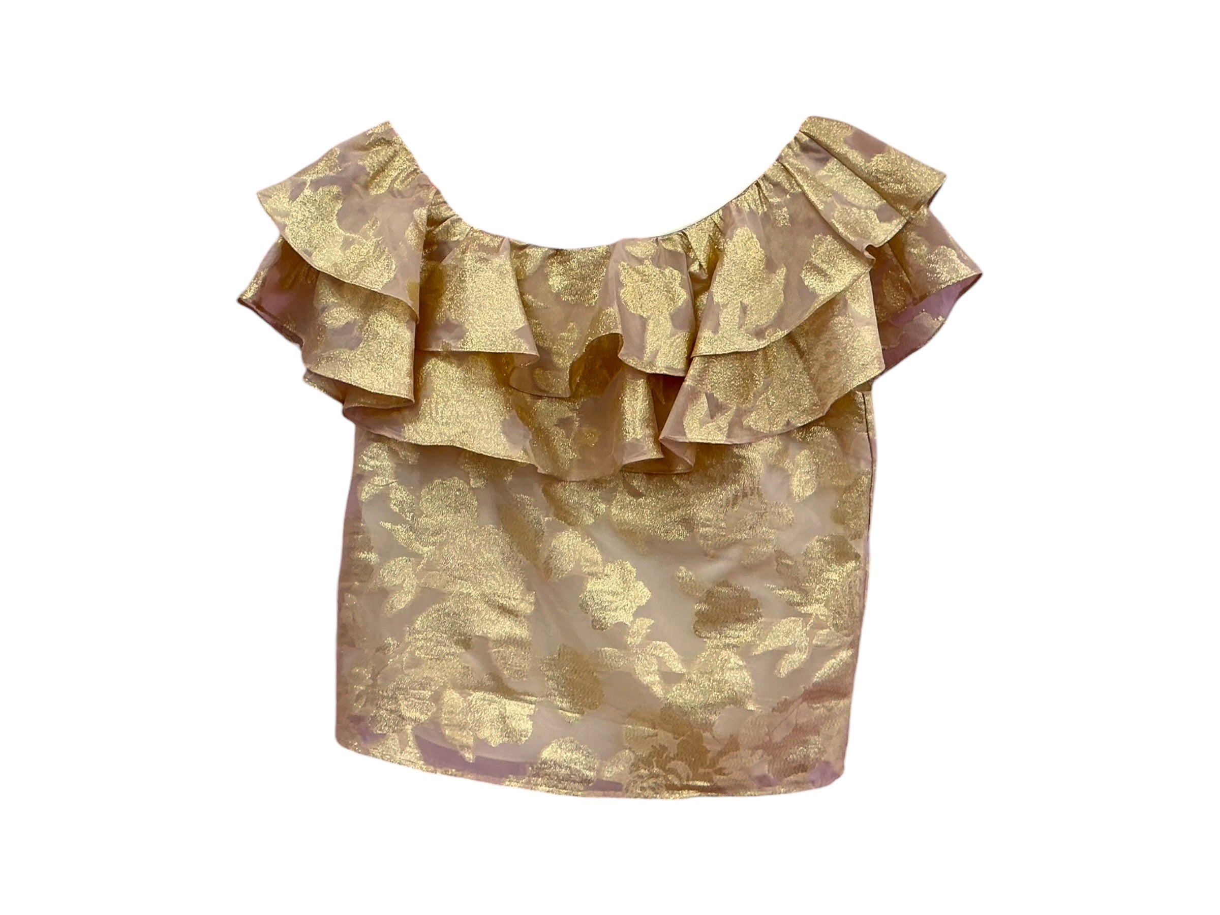 Lilly Pulitzer Trixie One-Shoulder Ruffle Top Gold Organza Brocade - Size L