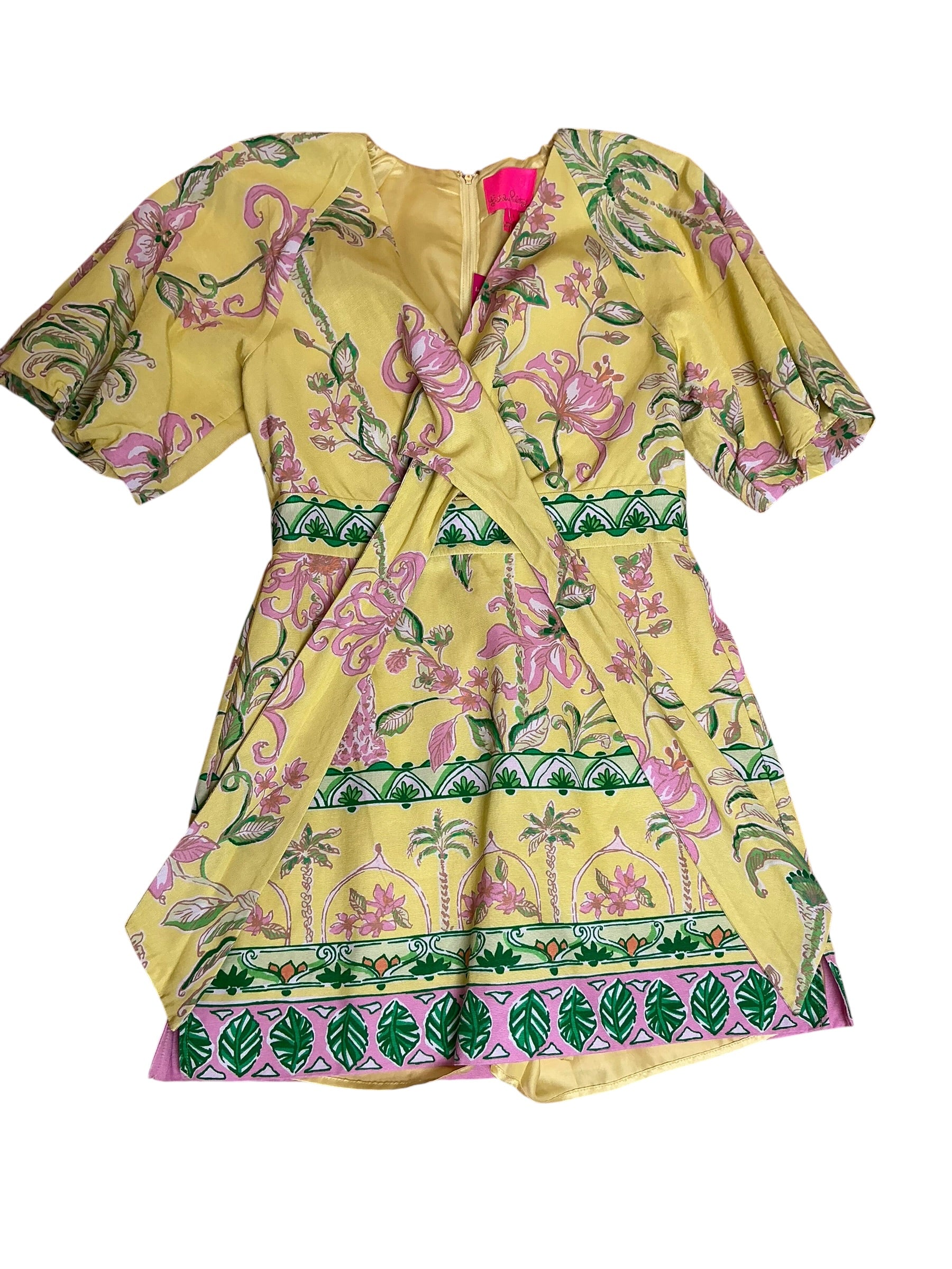 Lilly Pulitzer Soumya Short-Sleeve Romper 65th Anniversary Collection Finch Yellow Tropical Oasis Engineered - Size 4