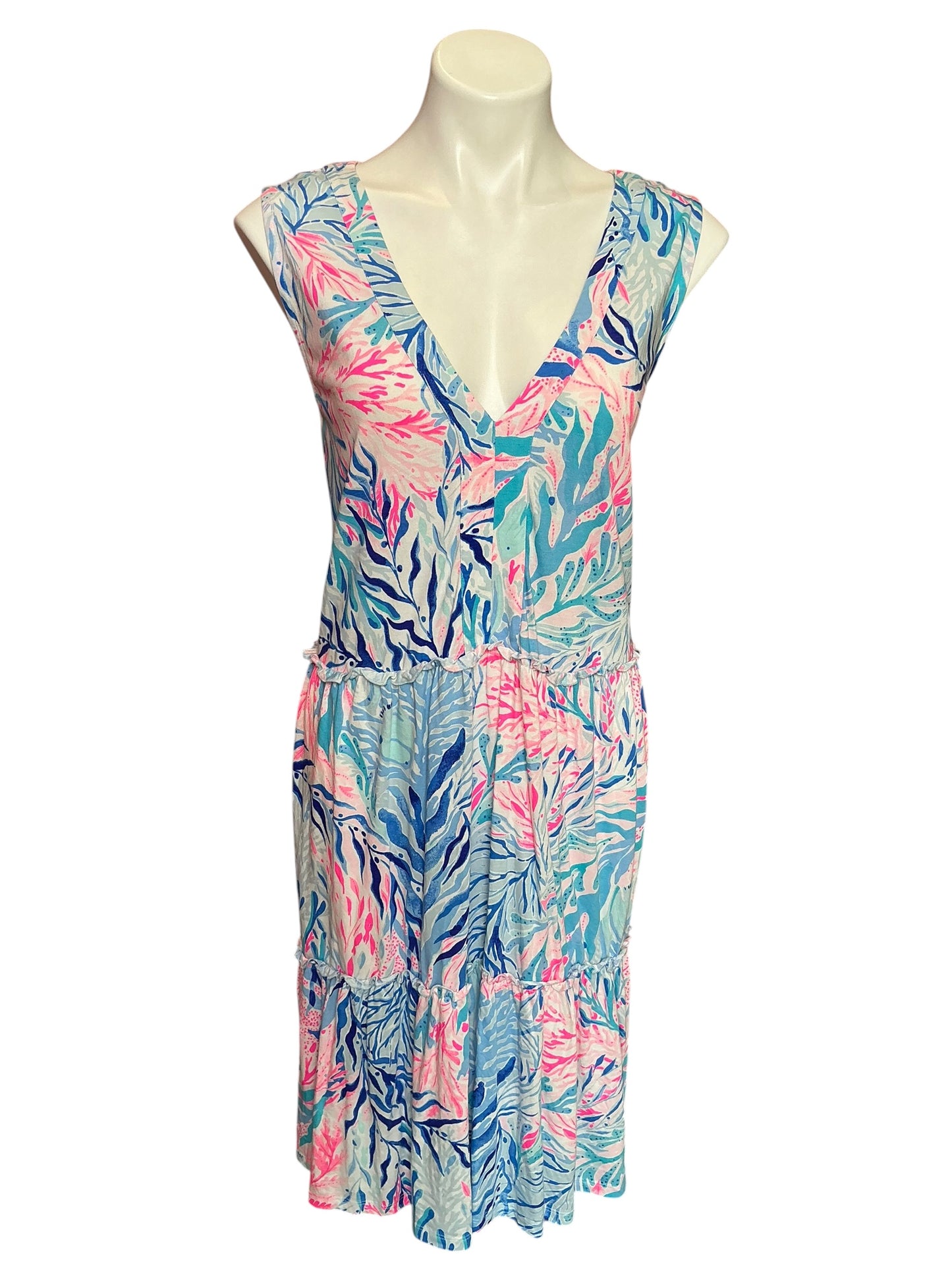 Lilly Pulitzer Amina Swing Dress Crew Blue Tint Kaleidoscope Coral - Size XXL