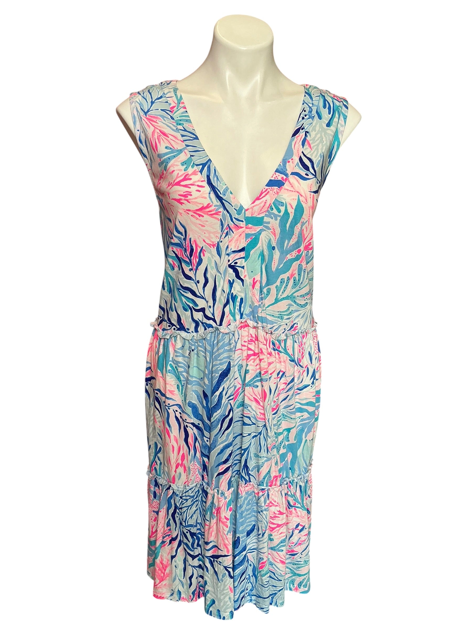 Lilly Pulitzer Amina Swing Dress Crew Blue Tint Kaleidoscope Coral - Size XXL