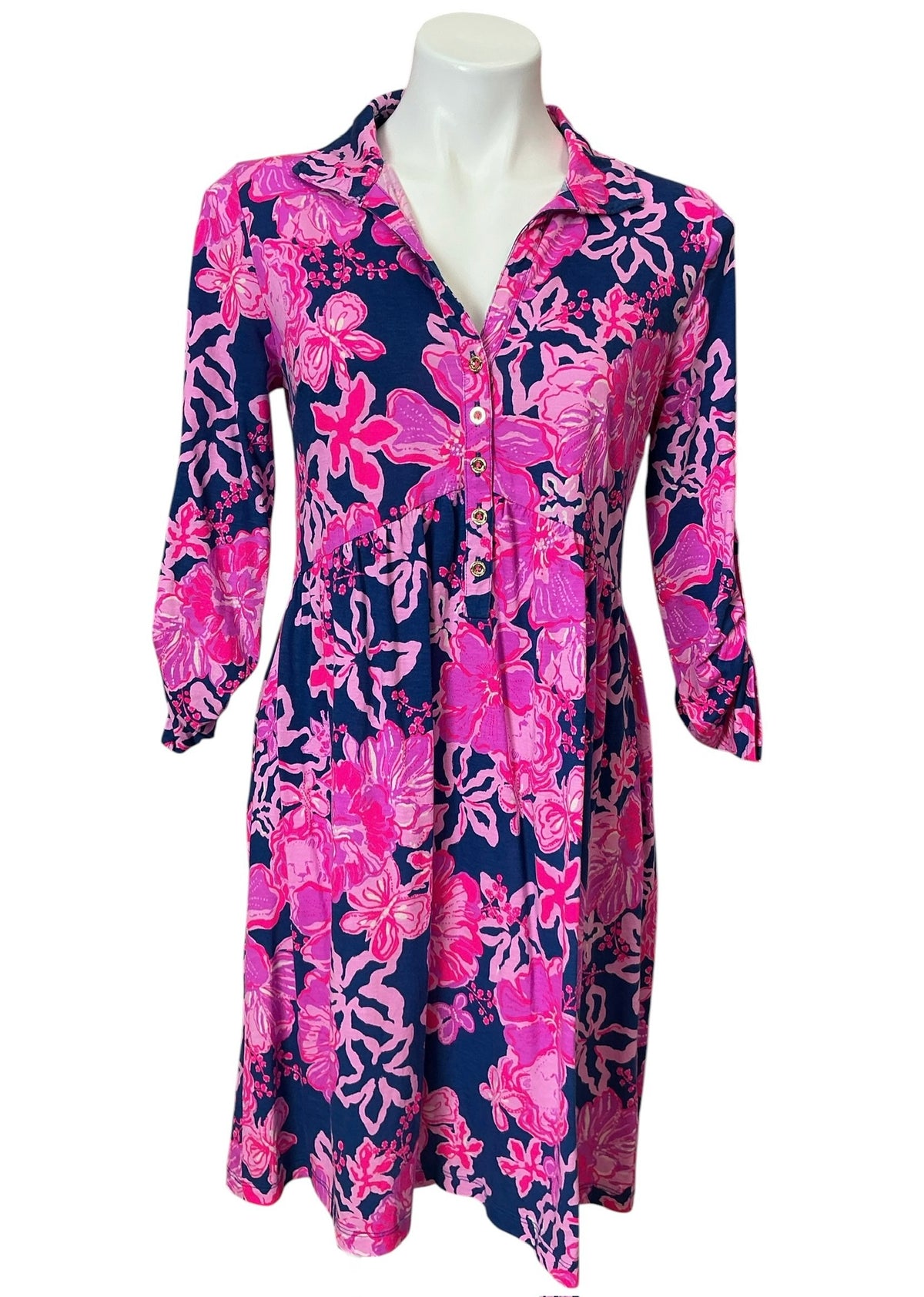 Lilly Pulitzer Saralyn Popover Shirtdress Starlight Navy Once And Floral - Size XS