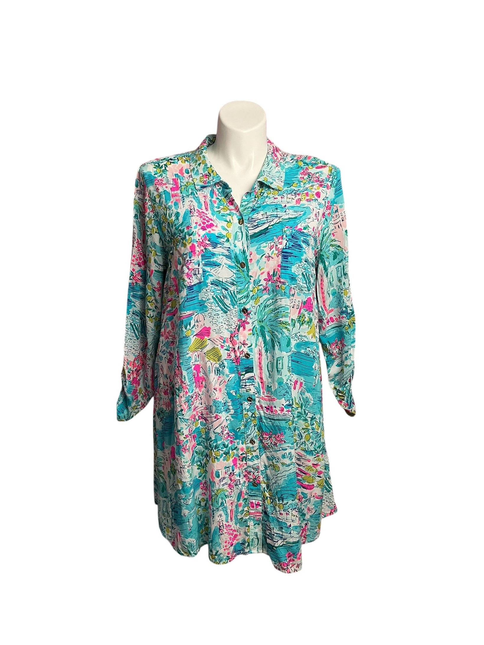 Lilly Pulitzer- Natalie Shirt Dress Cover-Up Multi Postcards From Positano Size XL