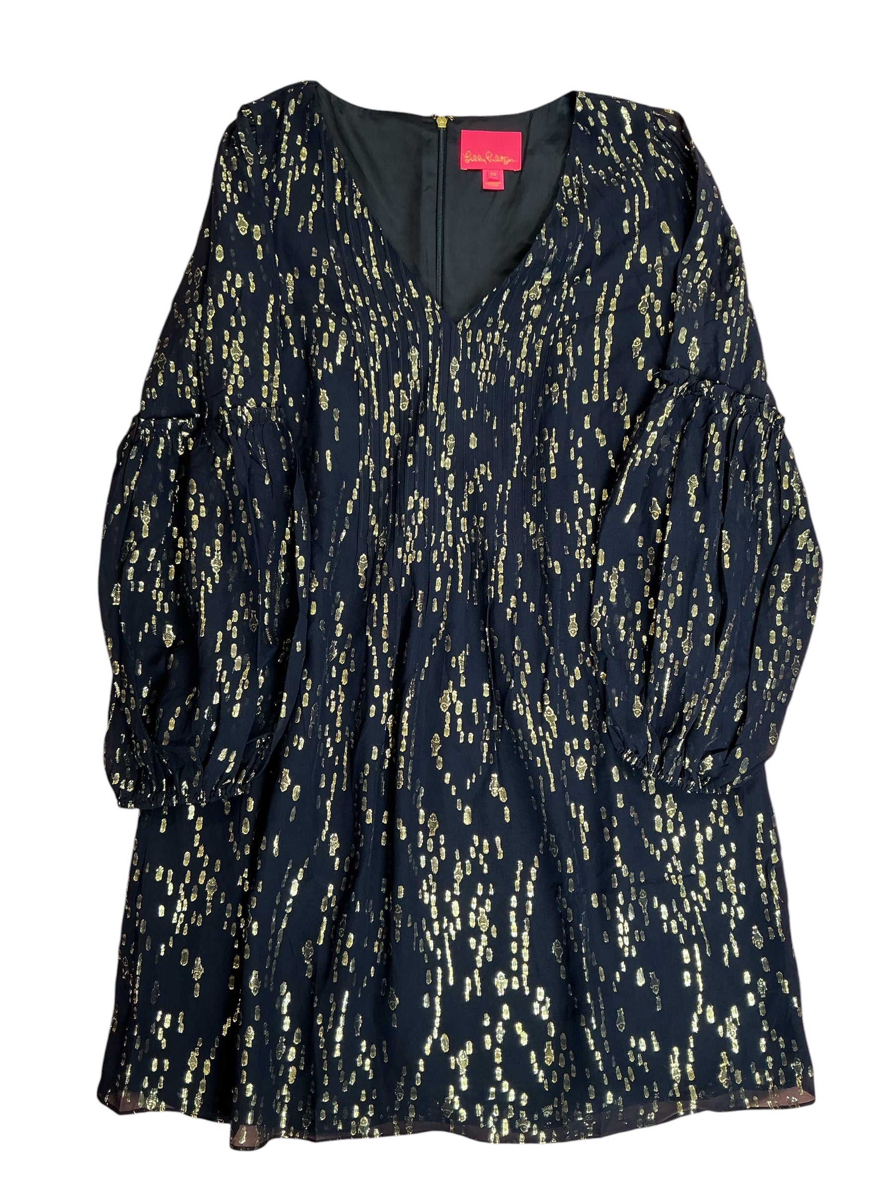 Lilly Pulitzer Winona Long Sleeve Silk Swing Dress Onyx Fish Clip Gold Chiffon - Size 14