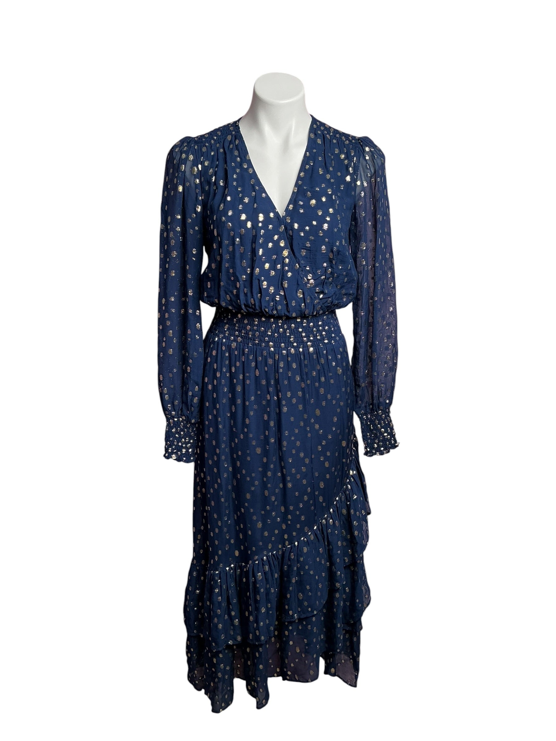 Lilly Pulitzer- Christiana Long Sleeve Chiffon Midi Dress Low Tide Navy Viscose Metallic Size 0