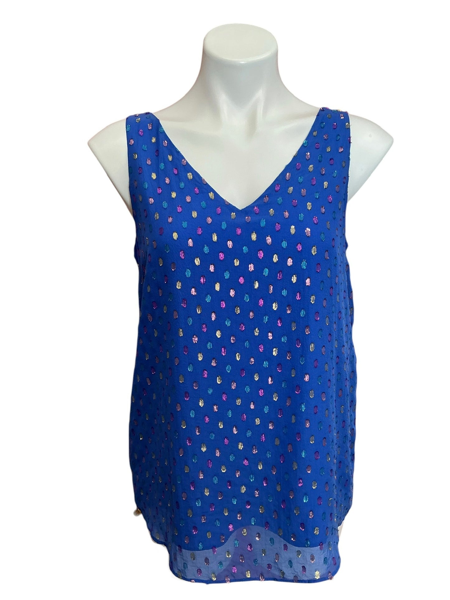 Lilly Pulitzer Florin Silk Sleeveless V-Neck Tank Top Blue Moroccan Metallic Clip - Size S