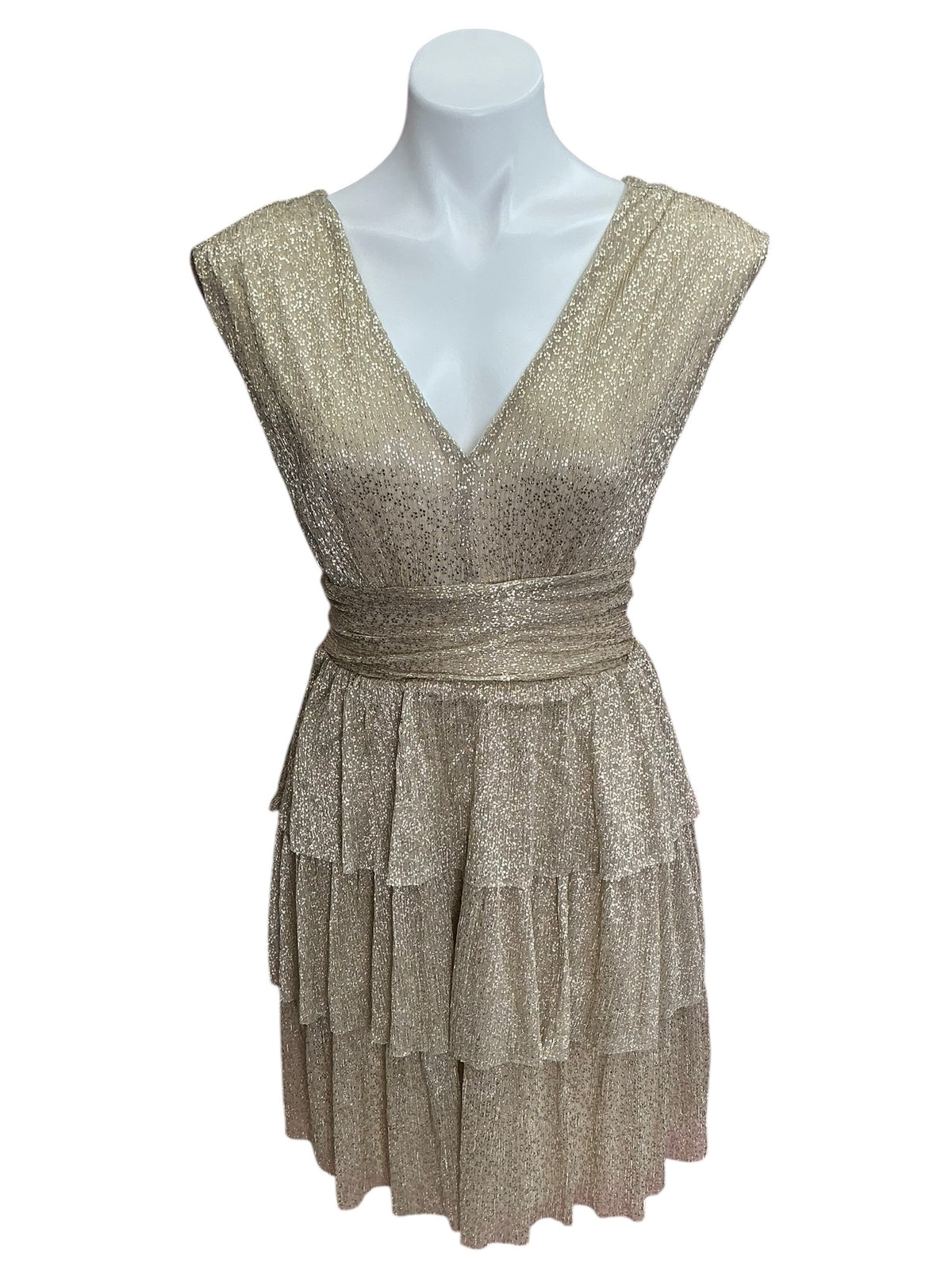 Lilly Pulitzer NWT Faye V Neck Ruffle Dress Gold Metallic Knit Crinkle - Size S
