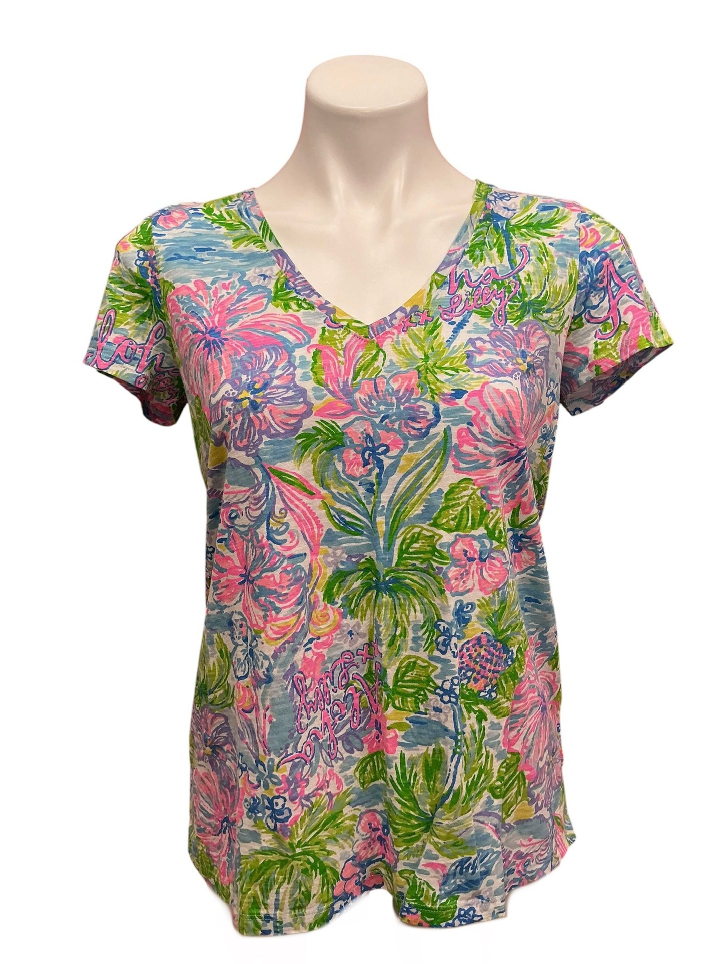 Lilly Pulitzer Etta V Neck Top Aloha Lilly - Size S