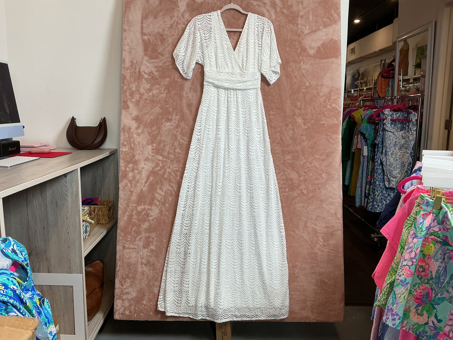 Lilly Pulitzer NWT Parigi Elbow Sleeve Maxi Dress Resort White Scalloped Shell Lace - Size XS