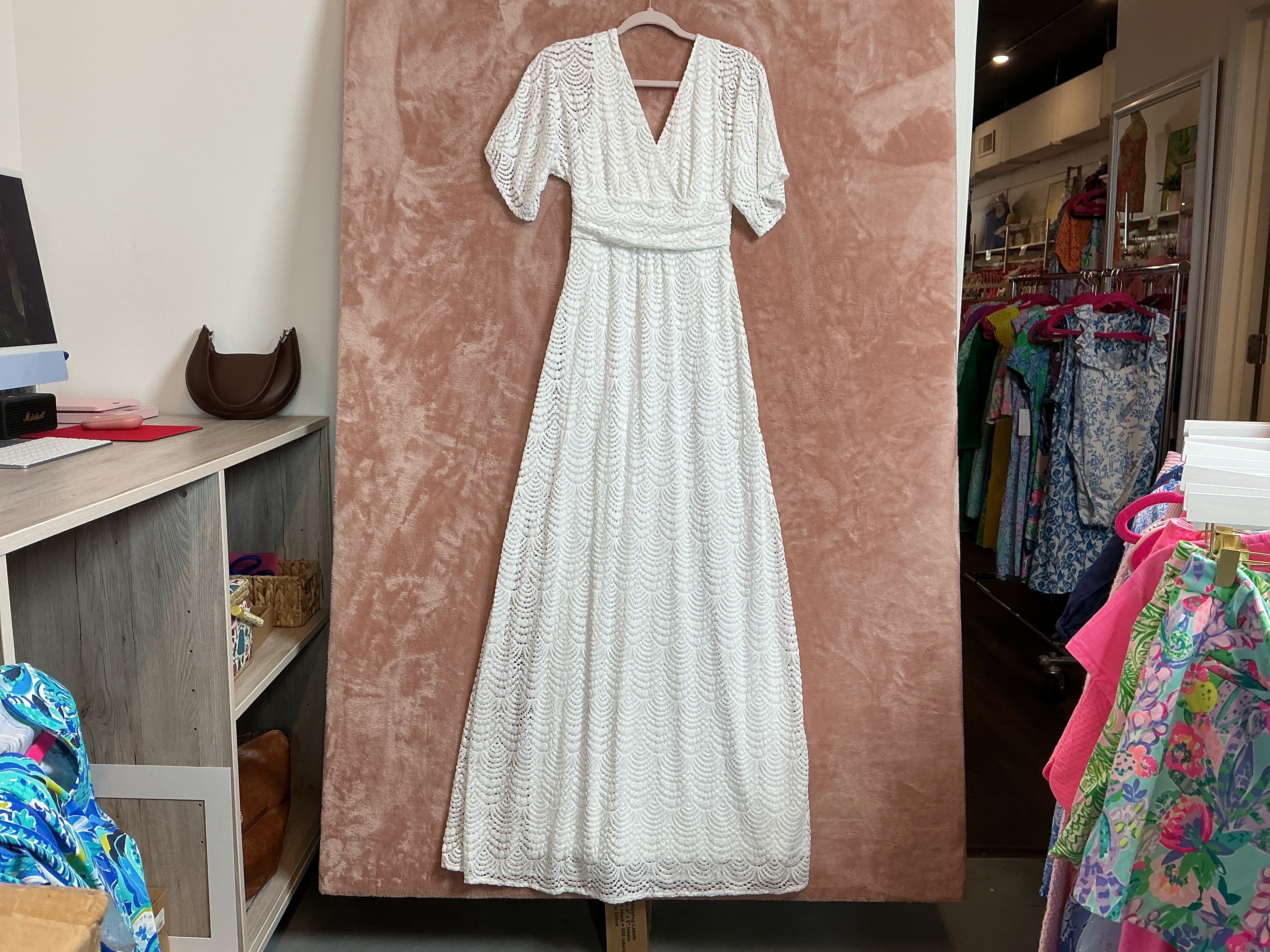 Lilly Pulitzer NWT Parigi Elbow Sleeve Maxi Dress Resort White Scalloped Shell Lace - Size XS