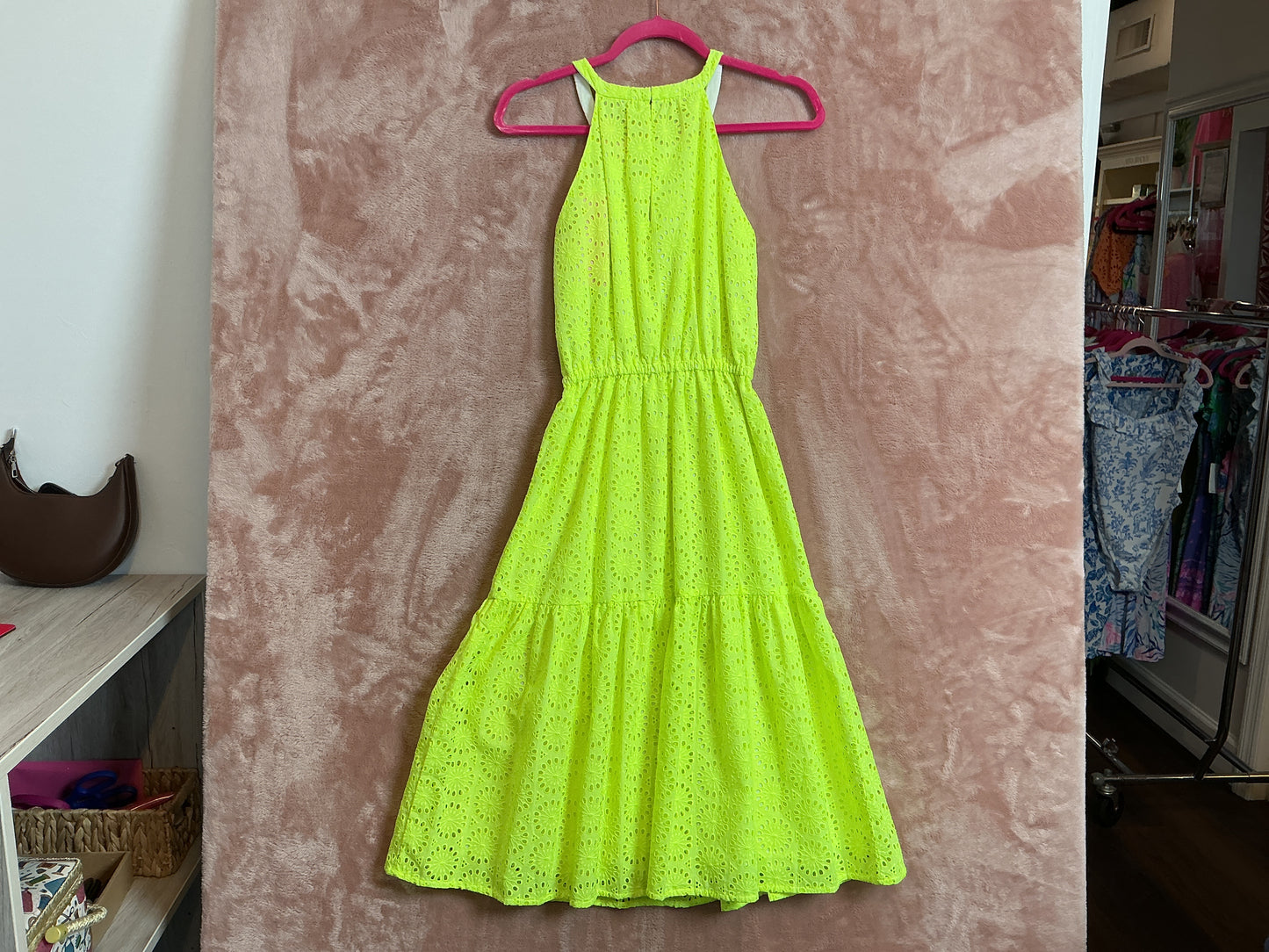 Lilly Pulitzer NWT Alda Midi Dress Prickly Pear Yellow Prickly Pear Neon Geo Eyelet - Size XS