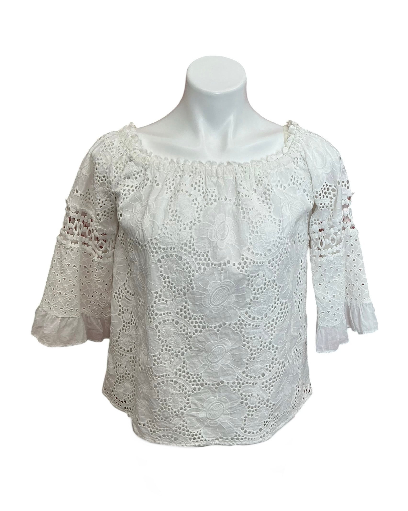 Lilly Pulitzer Laurenne Off-The-Shoulder Top Resort White Jumbo Bouquet Eyelet - Size S