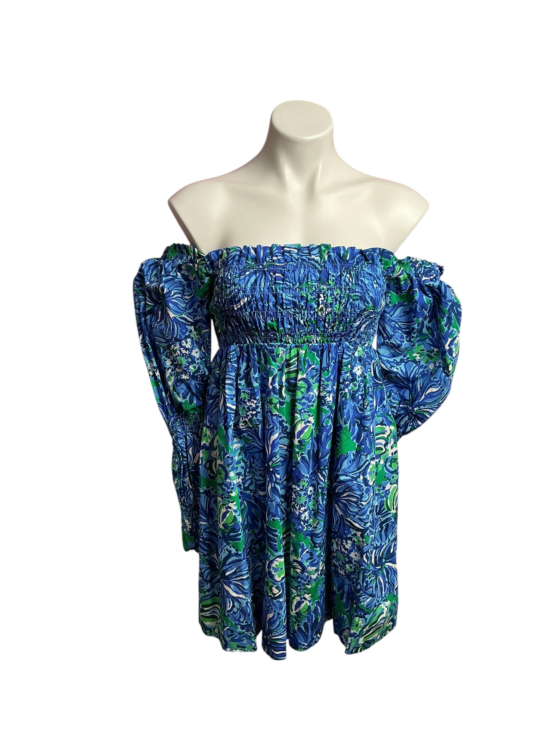 Lilly Pulitzer- Beyonca Smocked Long Sleeve Dress Abaco Blue Turtle Awe Size XXS