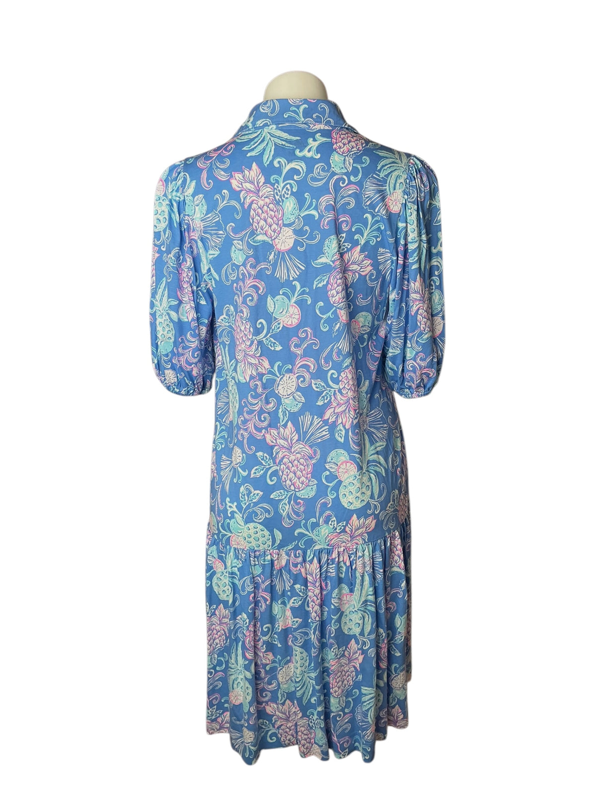Lilly Pulitzer Bingley Short Sleeve Drop Waist Dress Sunwashed Blue Citrus Crush Blue Pineapple - Size M
