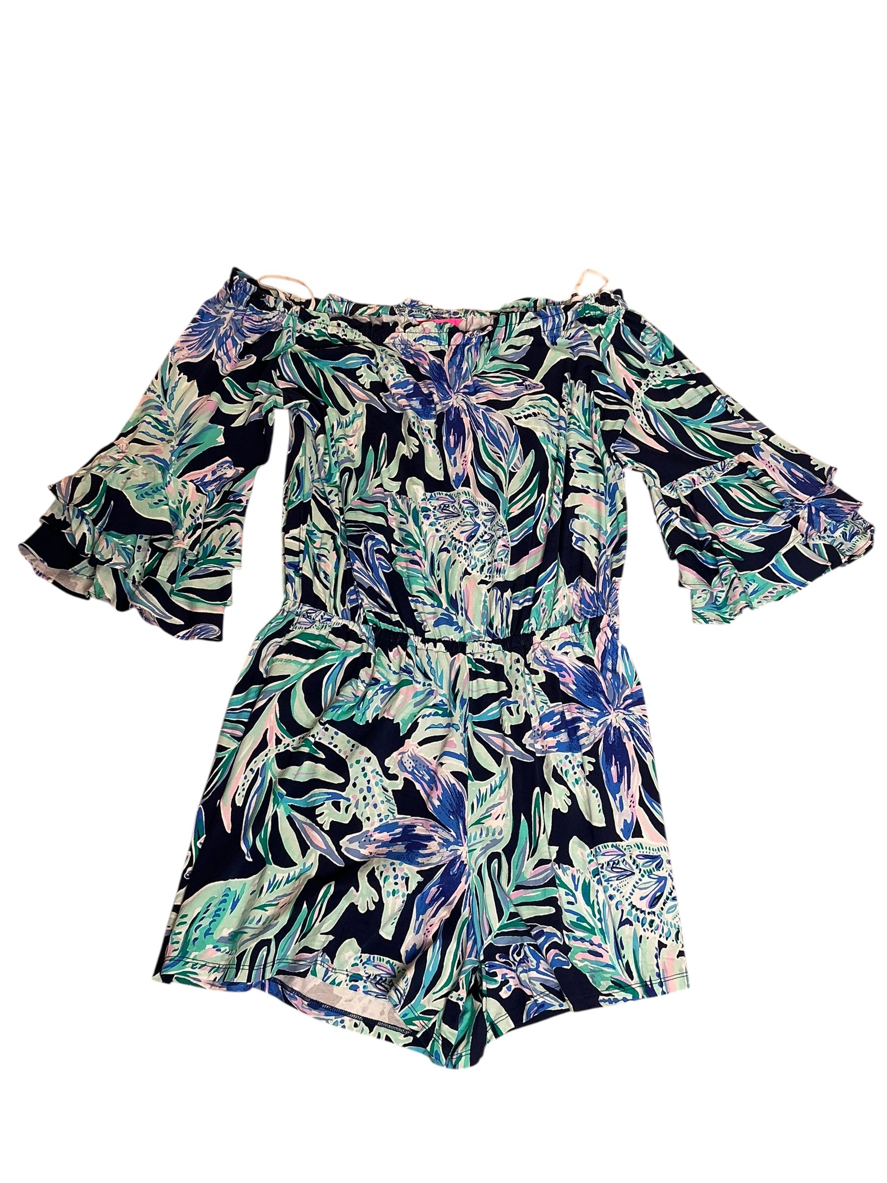Lilly Pulitzer Calla Off-The-Shoulder Romper High Tide Navy Ready Set Gecko - Size L