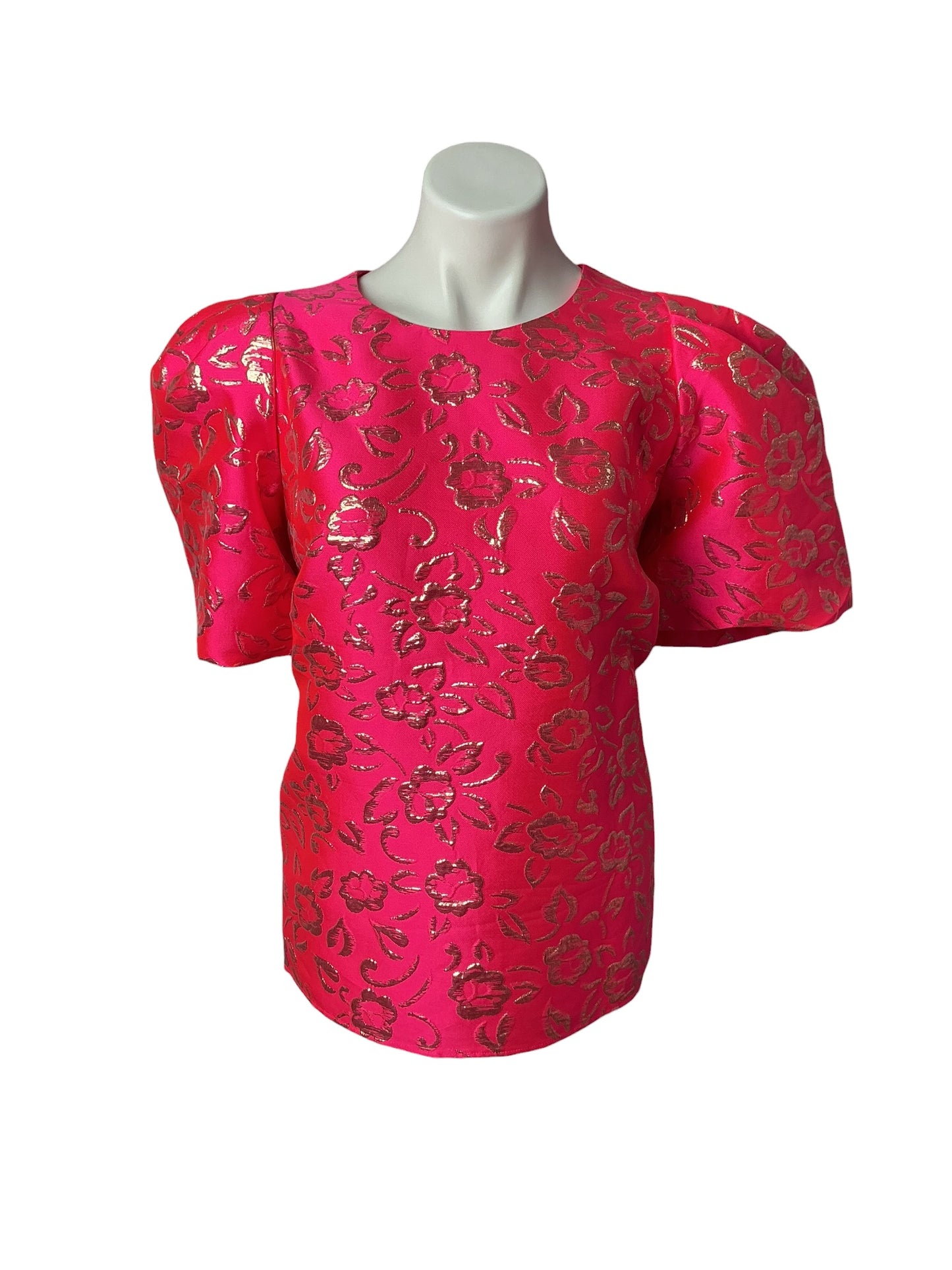Lilly Pulitzer NWT Pratt Short Sleeve Brocade Top Pink Grenadine Gold Puff Floral - Size XL