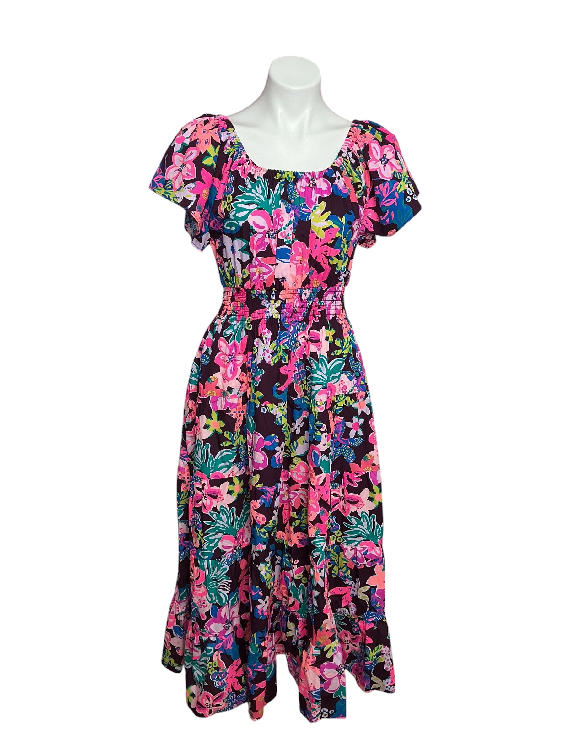 Lilly Pulitzer Ellabell Short Sleeve Dress Cherry Ganache Bohemian Garden - Size M