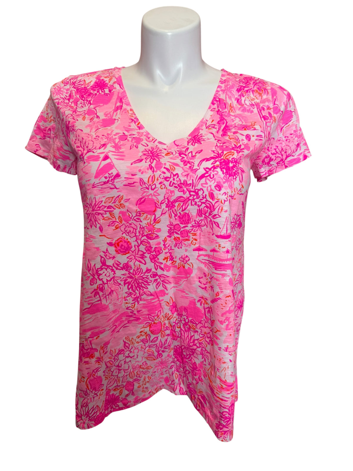 Lilly Pulitzer NWT Etta V-Neck Peony Pink Seaside Scene - Size L