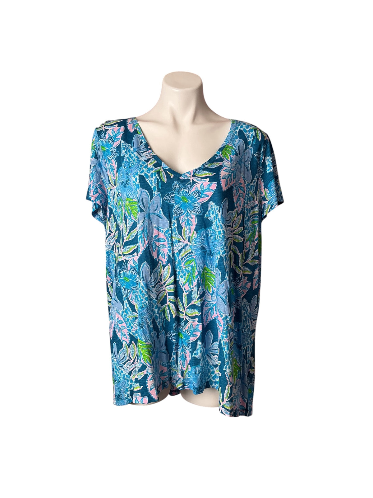 Lilly Pulitzer V-Neck Top Tall Me About It Macaw Blue - Size XXL