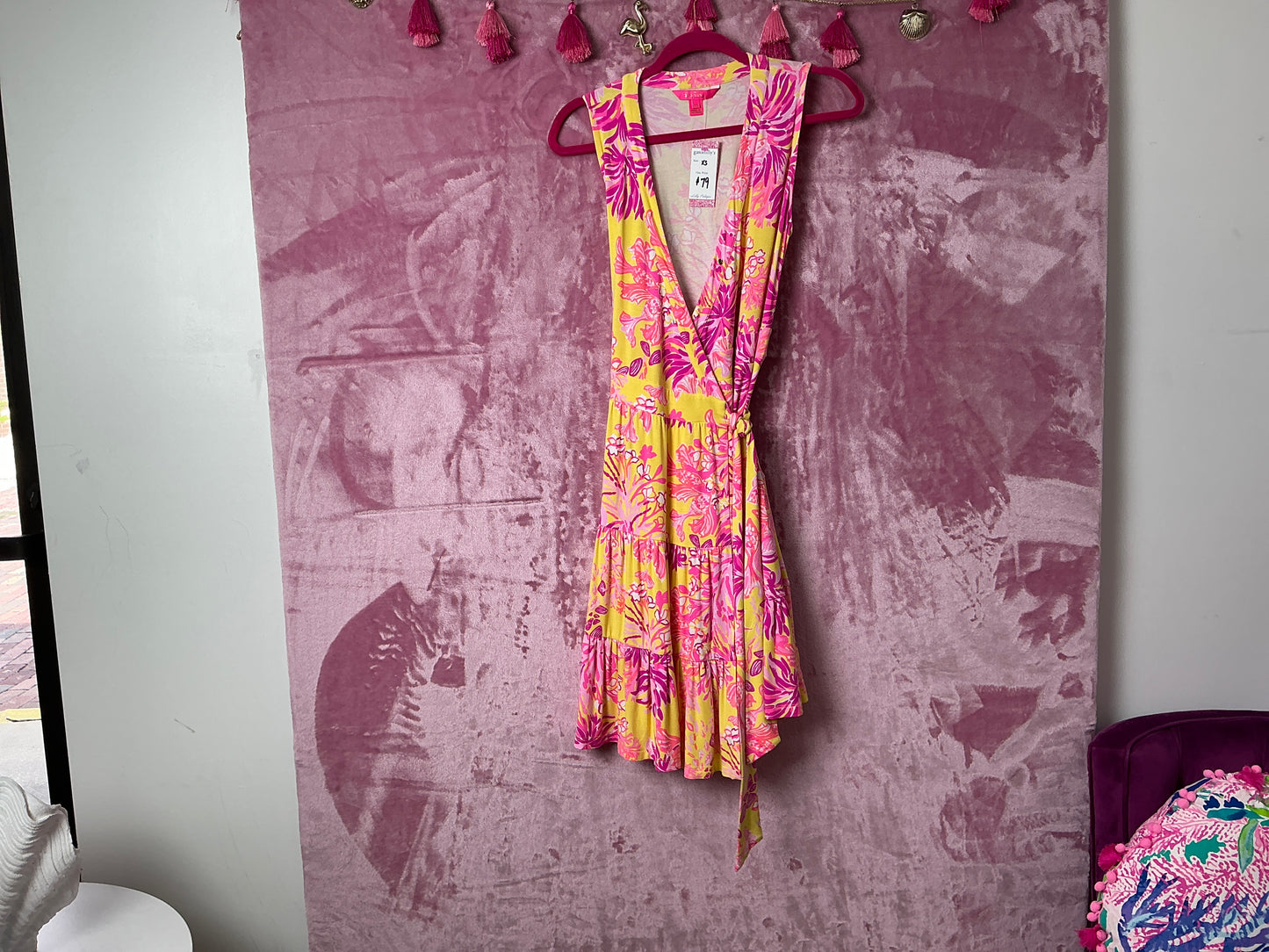 Lilly Pulitzer Folly Floral Wrap Dress - Calla Yellow Floral Coral - Size XS