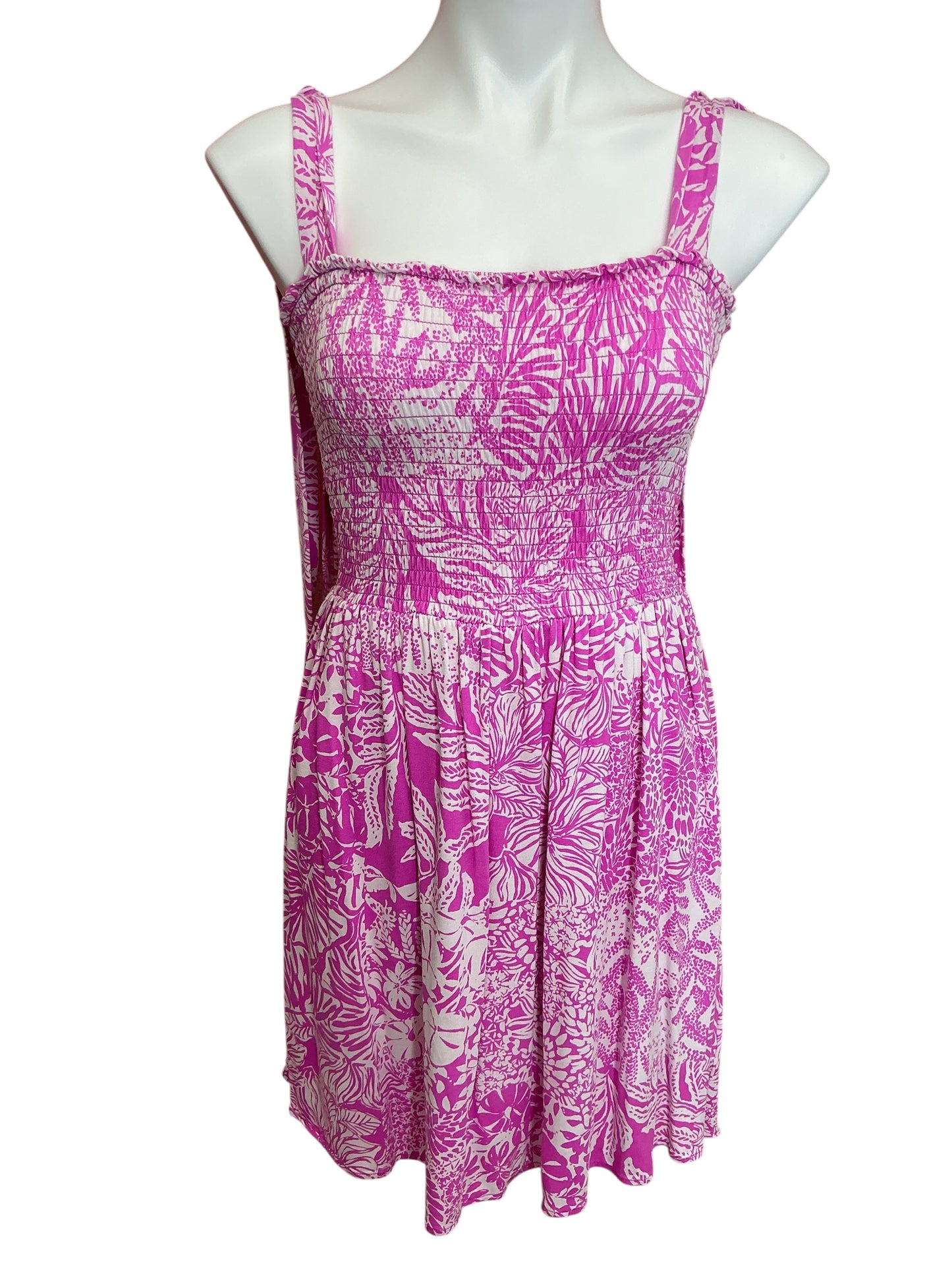 Lilly Pulitzer Rivera Smocked Romper Wild Fuchisa Swipe Right - Size M