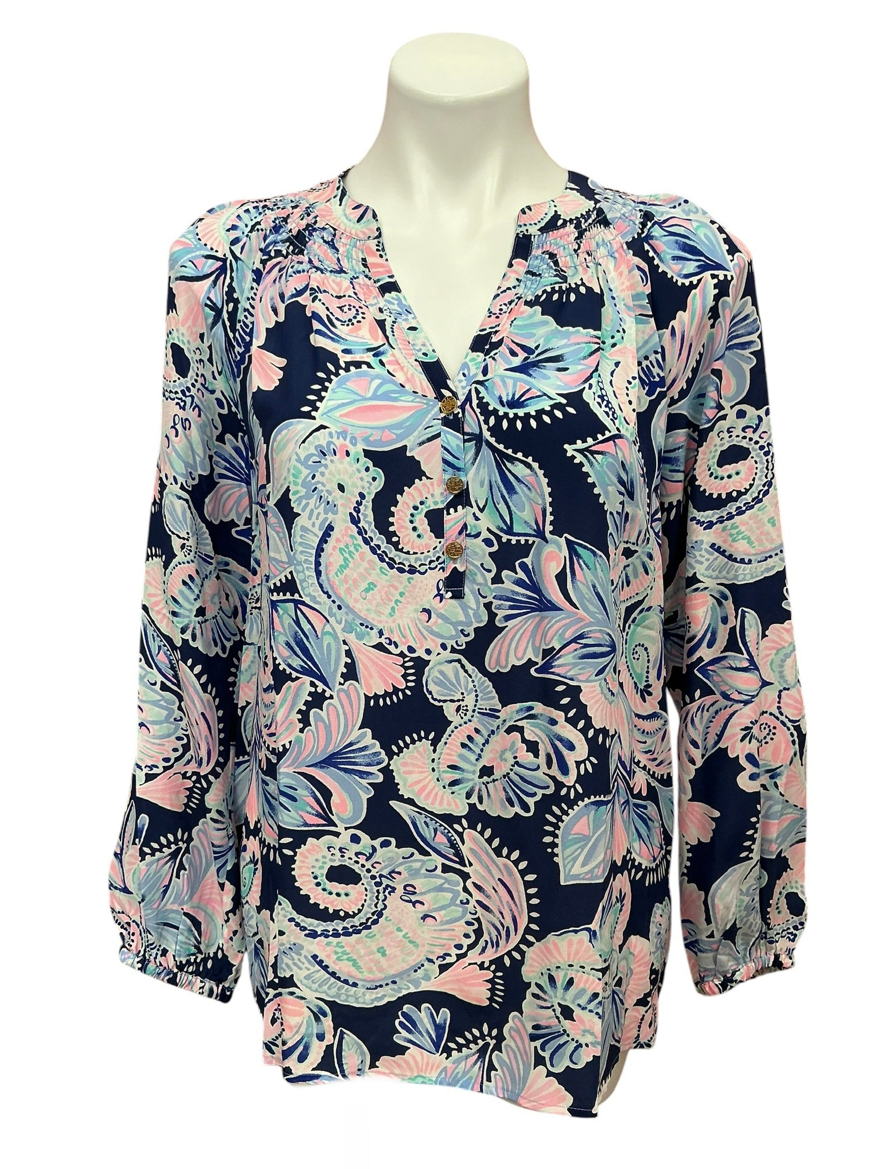 Lilly Pulitzer NWT Elsa Top High Tide Navy Holy Flockamolie - Size S