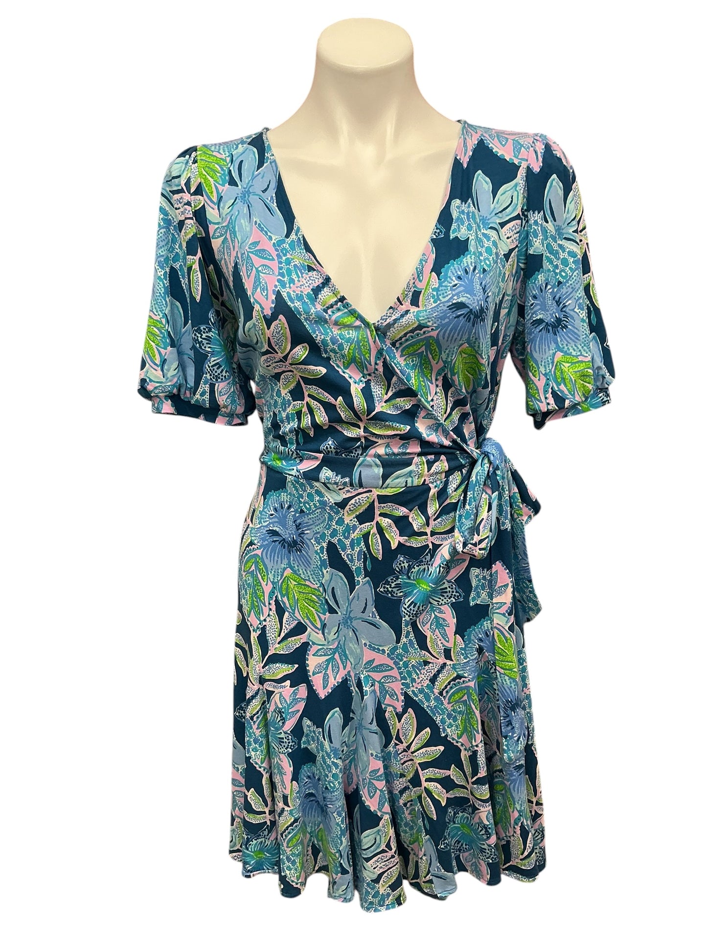 Lilly Pulitzer Kessler Wrap Dress Macaw Blue Tall Me About It - Size M