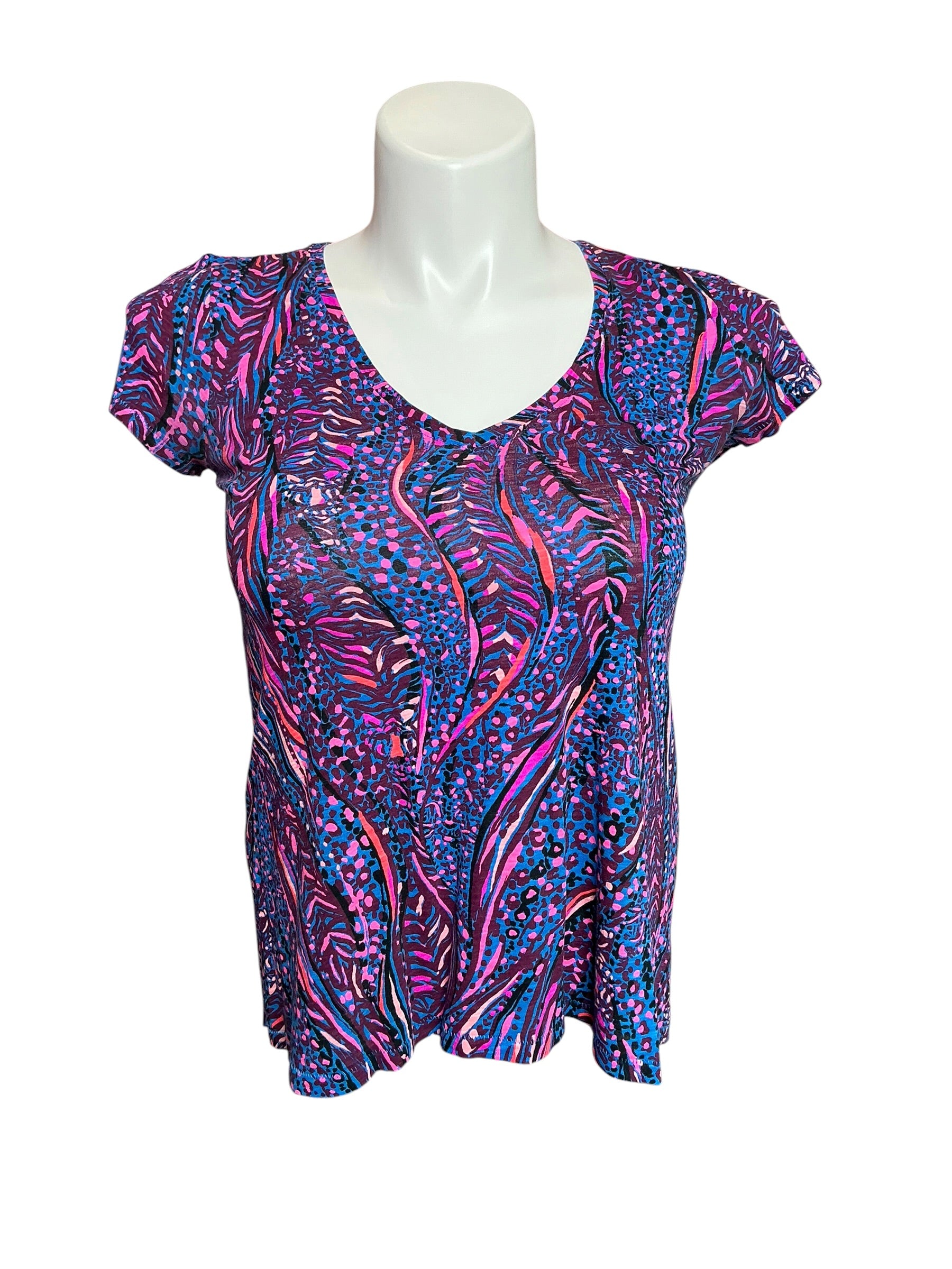 Lilly Pulitzer Etta V-Neck Blue Flare Always Pawsitive - Size XS