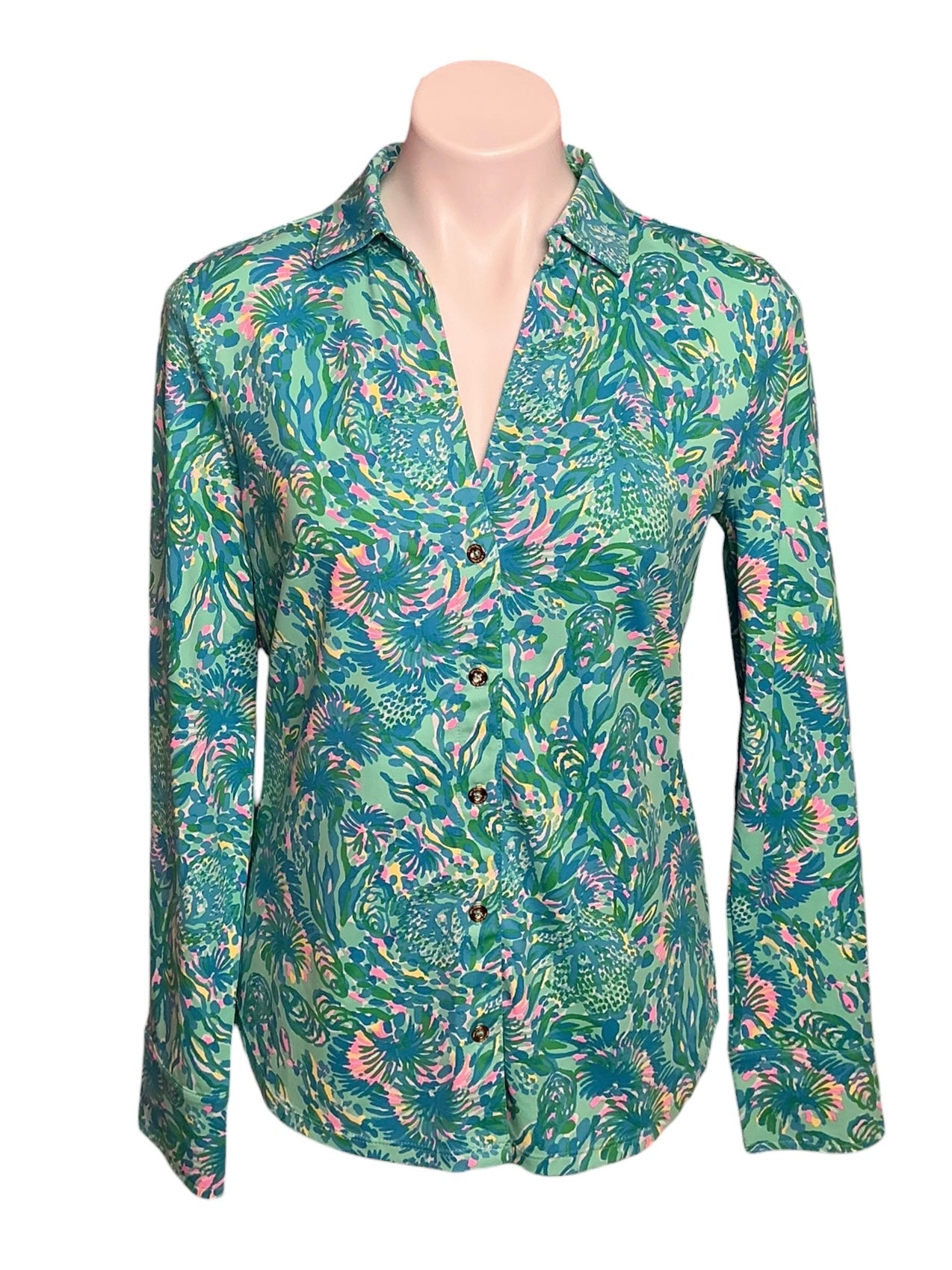 Lilly Pulitzer NWT Marlena UPF 50+ Button Surf Blue Coral Of The Story - Size M