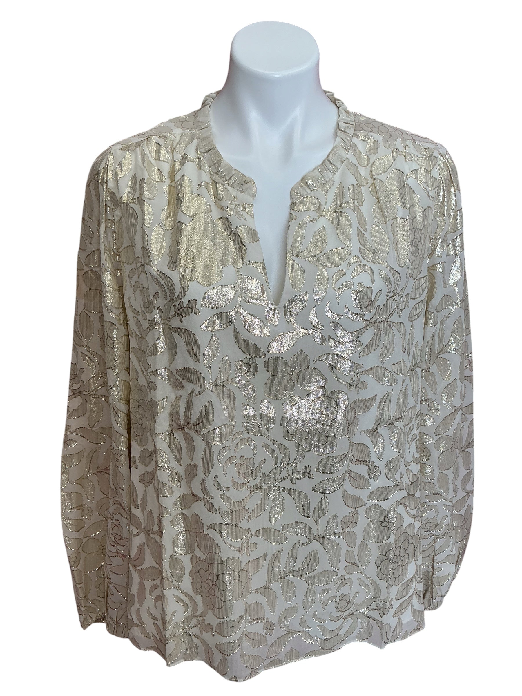 Lilly Pulitzer Giana Long Sleeve Silk Top Coconut Floral Bloom Clip - Size XL