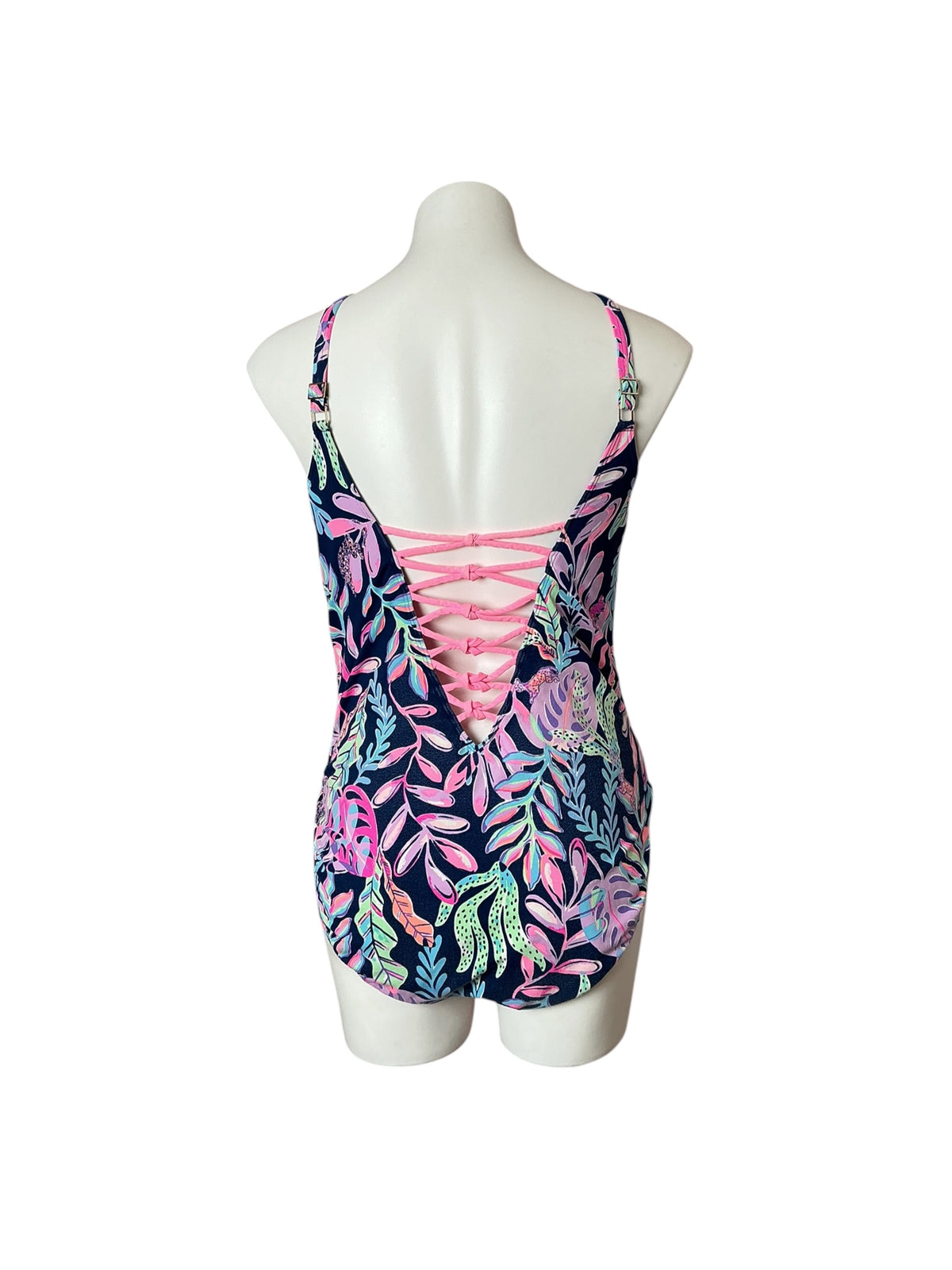 Lilly Pulitzer Isle Lattice One Piece Swimsuit Oyster Bay Navy You’ve Been Spotted - Size 16
