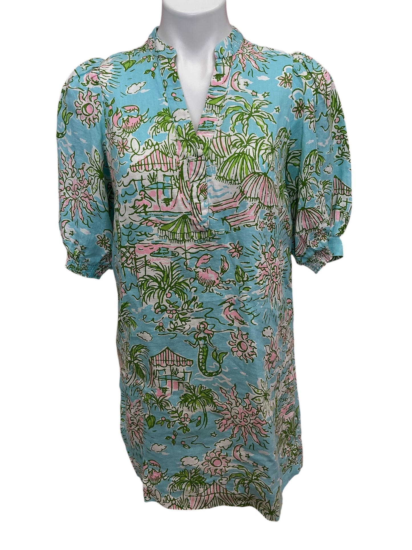 Lilly Pulitzer Mialeigh Linen Dress Fresh Water Blue Sunbathers Bliss - Size 0