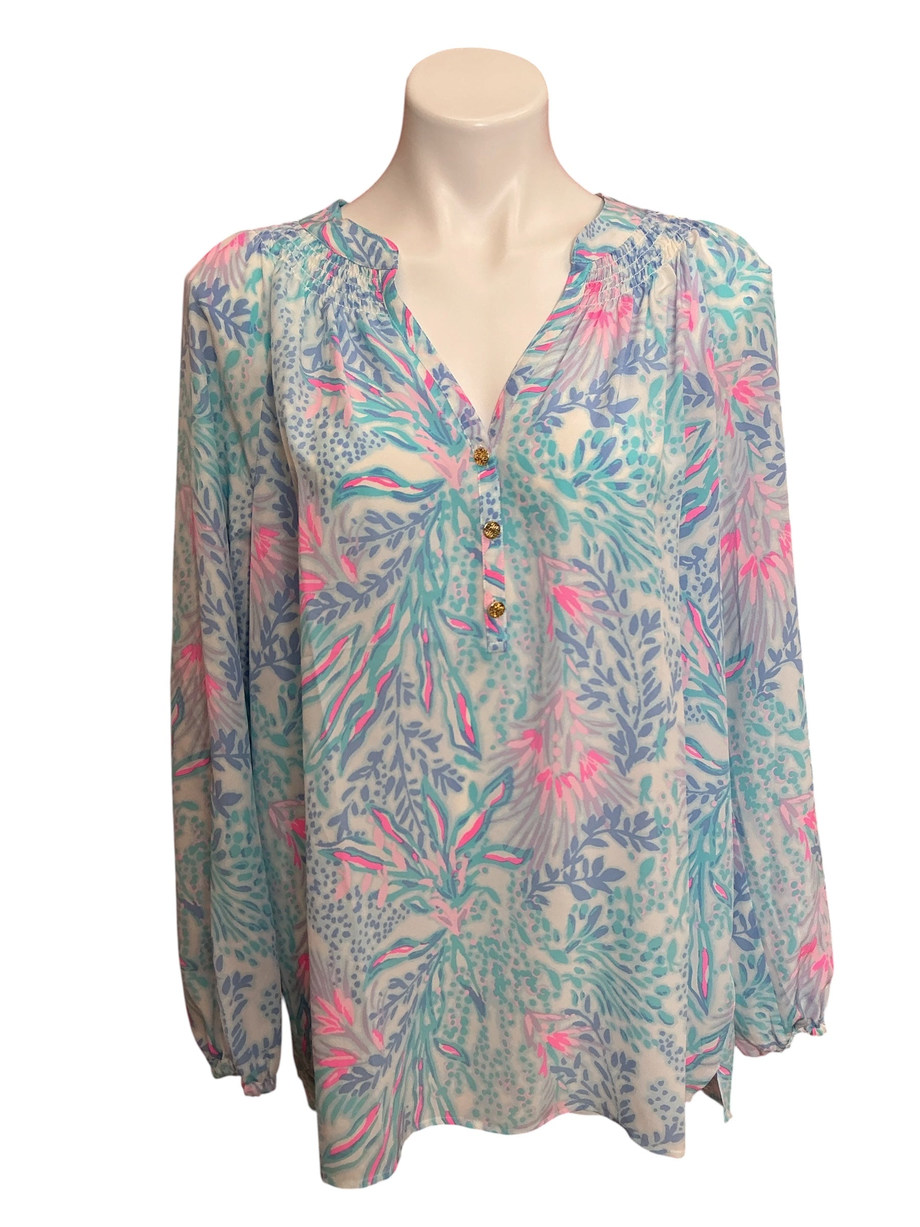 Lilly Pulitzer Elsa Long Sleeve Silk Top Celestial Blue Seek And Sea - Size XL