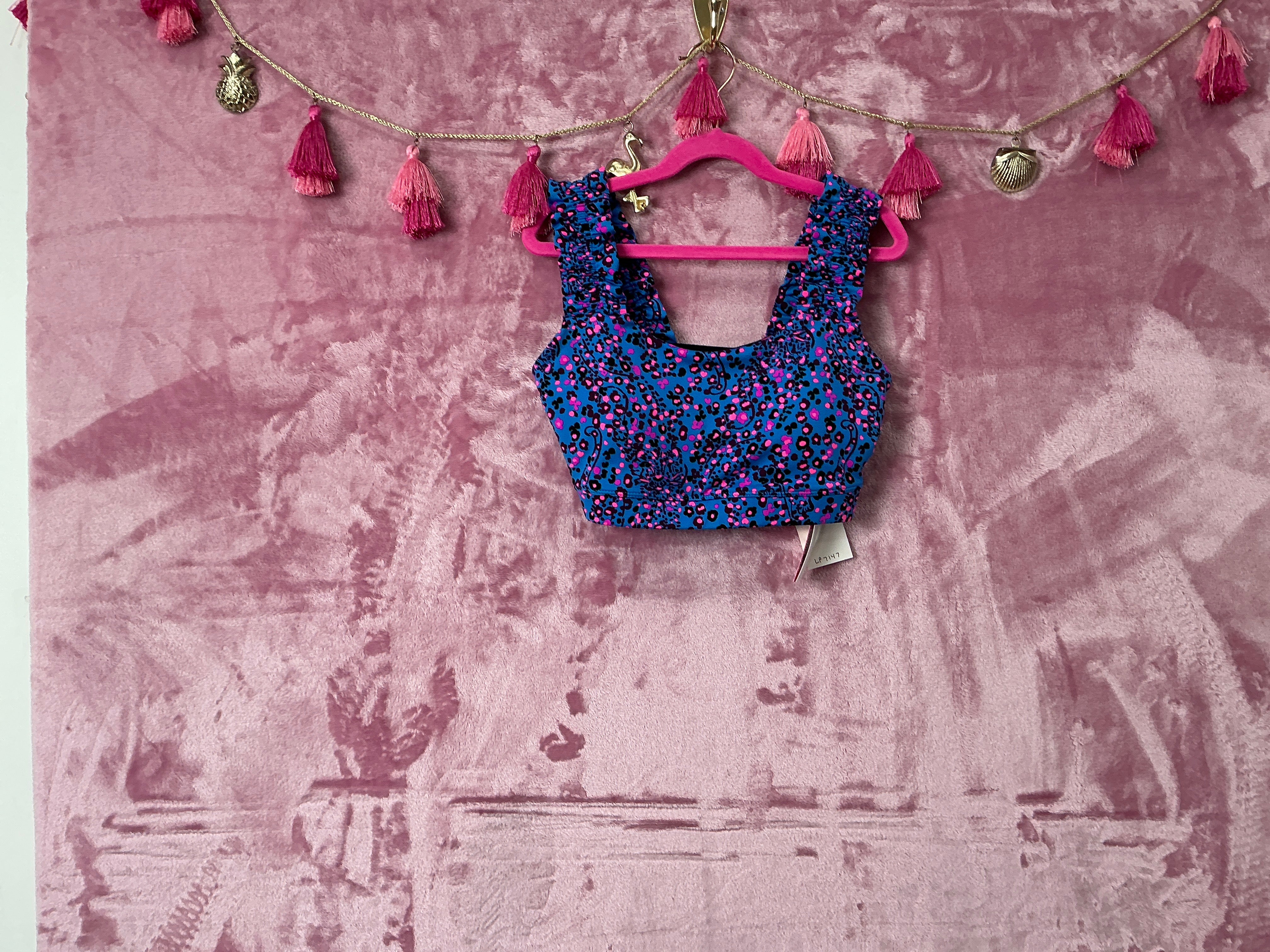 Lilly Pulitzer NWT Karena Ruffle Sports Bra Blue Flare Growl and Prowl - Size XS