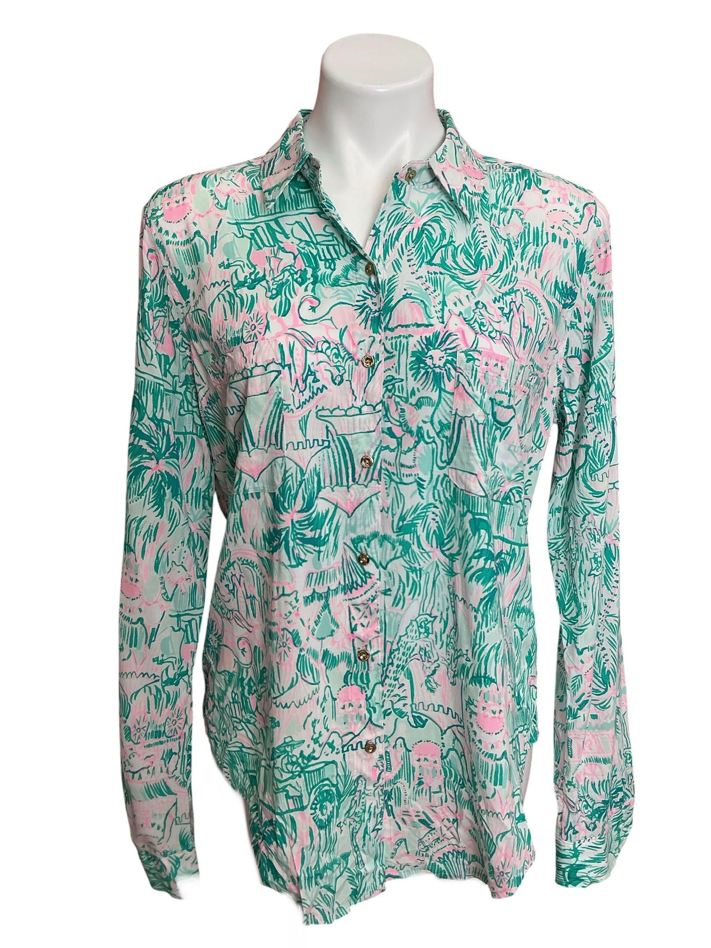 Lilly Pulitzer NWT Sea View Button Down Top Bright Agate Green Colorful Camelflage - Size M
