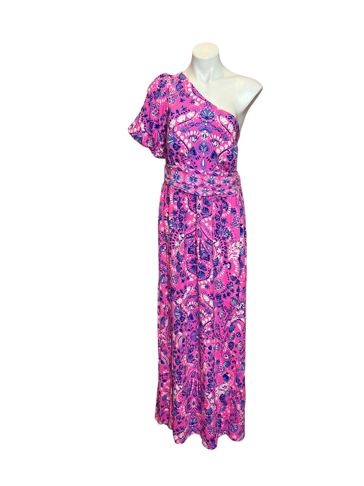 Lilly Pulitzer Solana One-Shoulder Maxi Dress Havana Pink Turtle Tidepool Engineered Knit - Size XL