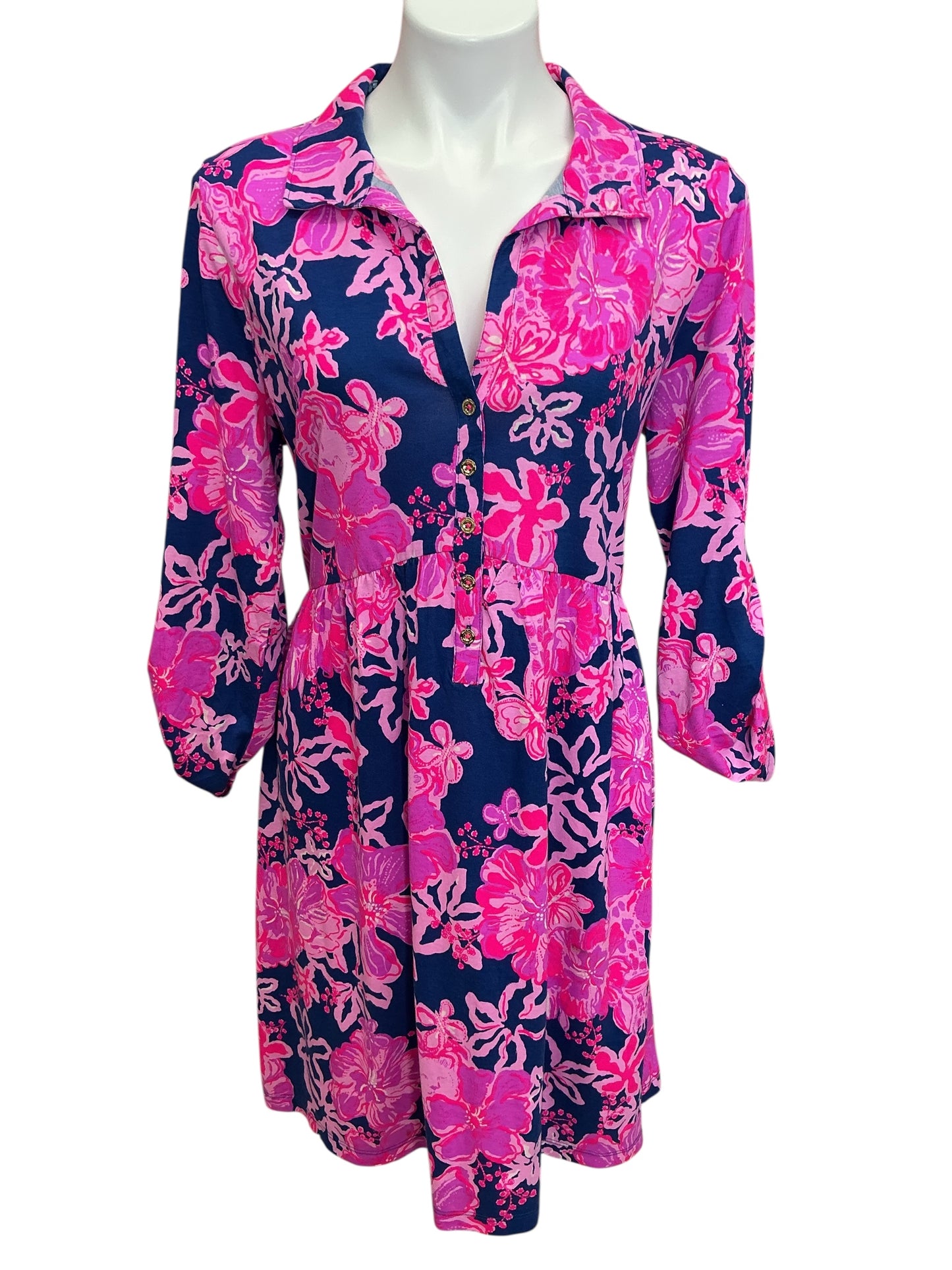 Lilly Pulitzer Saralyn Popover Shirtdress Starlight Navy Once And Floral - Size L